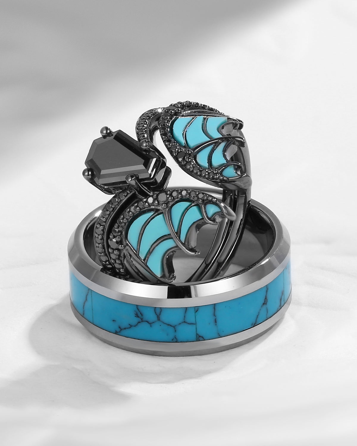 Bat Wing Inspired Coffin Black Moissanite Turquoise Couple Bridal Ring Set