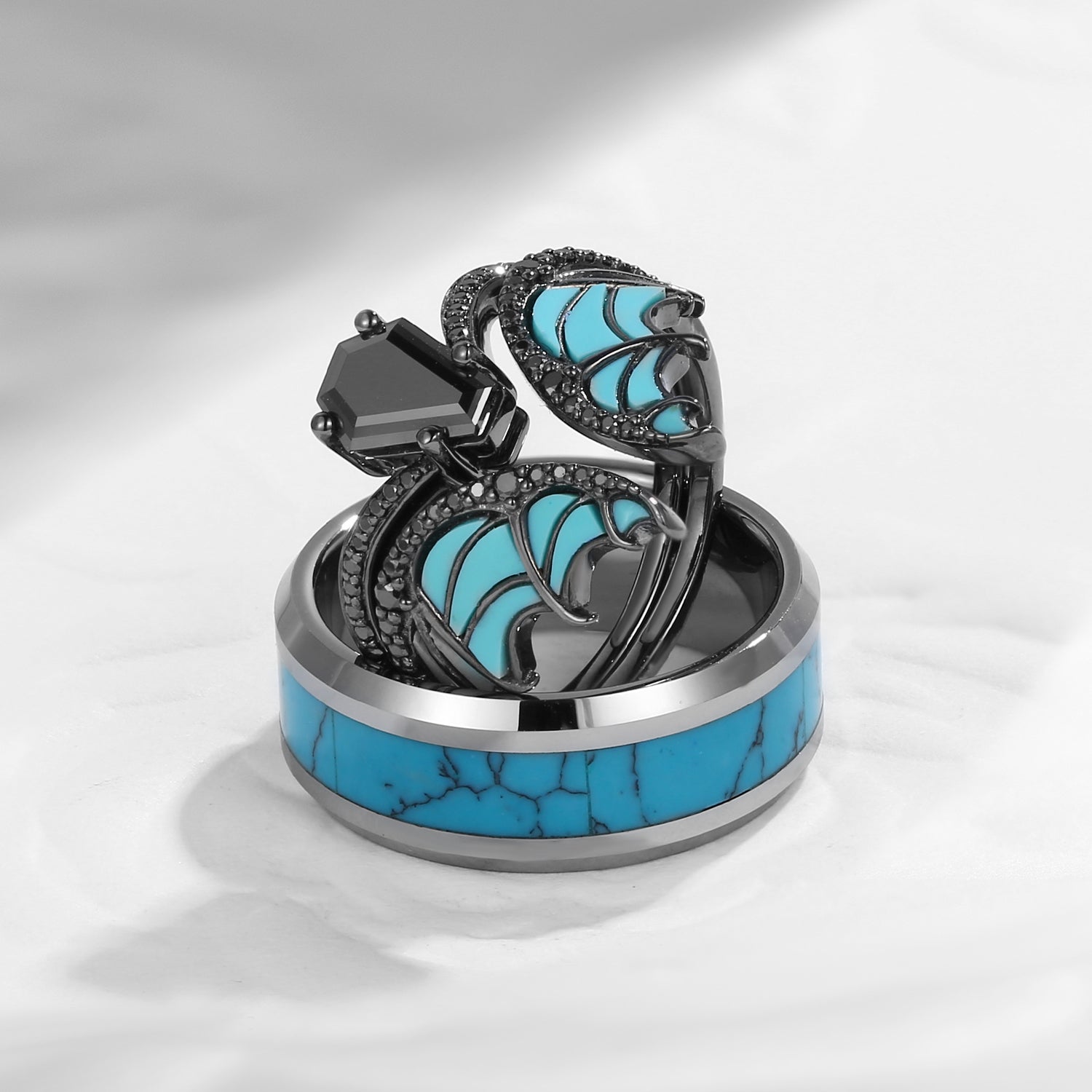 Bat Wing Inspired Coffin Black Moissanite Turquoise Couple Bridal Ring Set