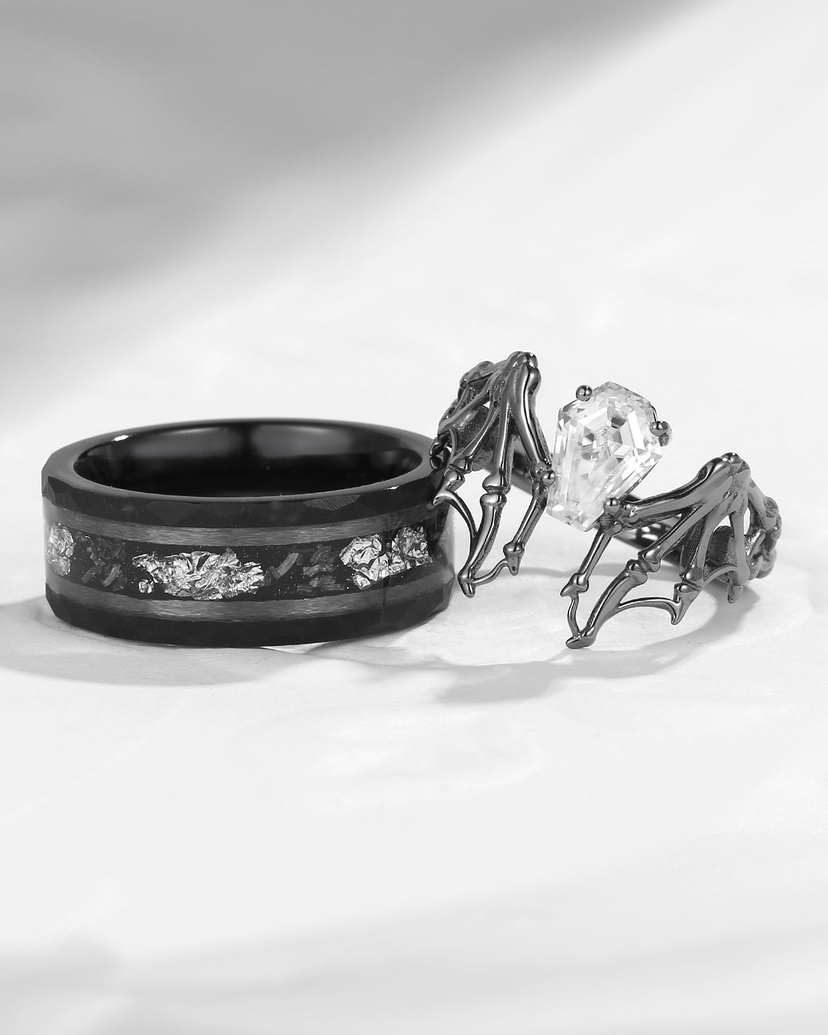 Bat Wing Inspired Coffin Moissanite With Gold Leaf Couple Bridal Ring Set