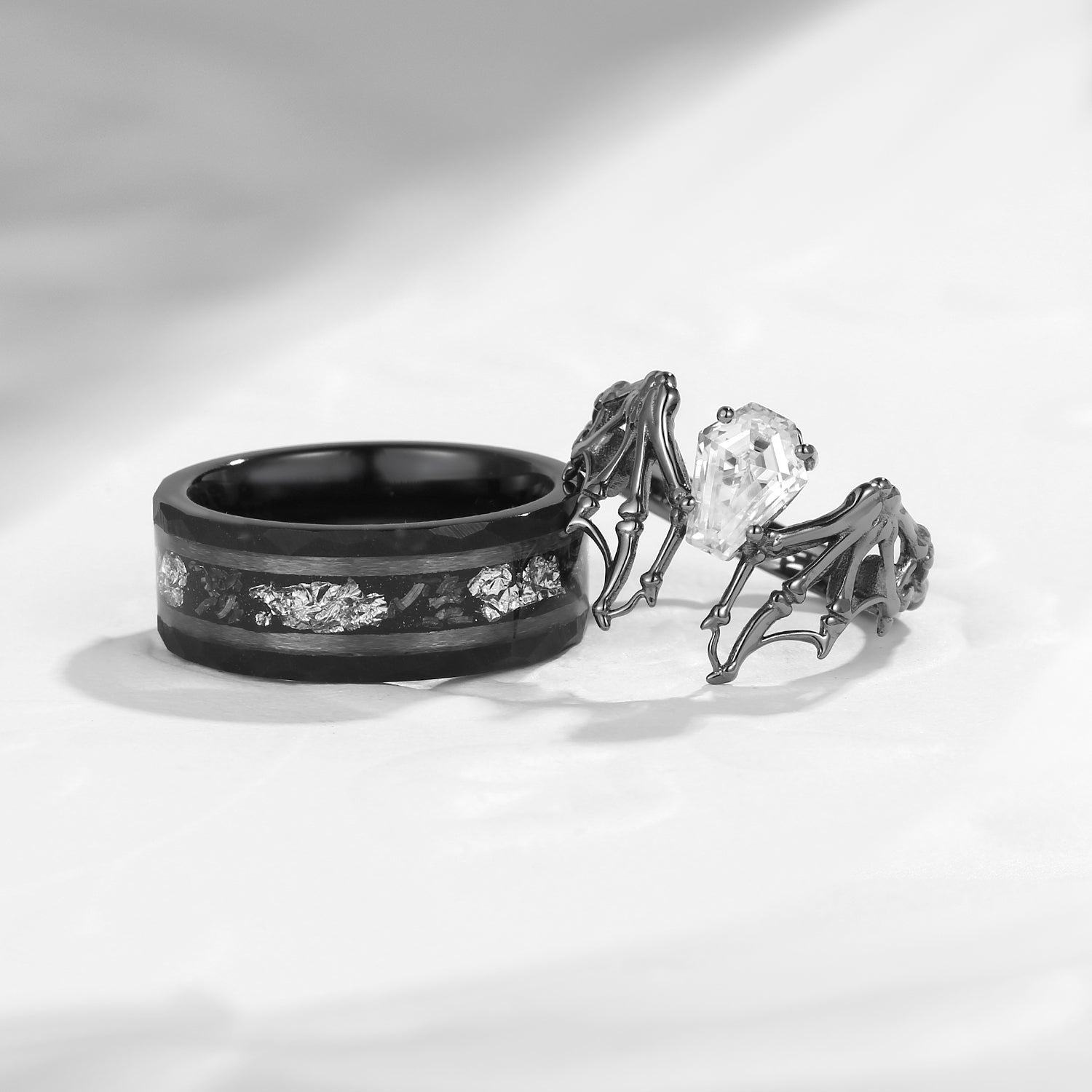Bat Wing Inspired Coffin Moissanite With Gold Leaf Couple Bridal Ring Set