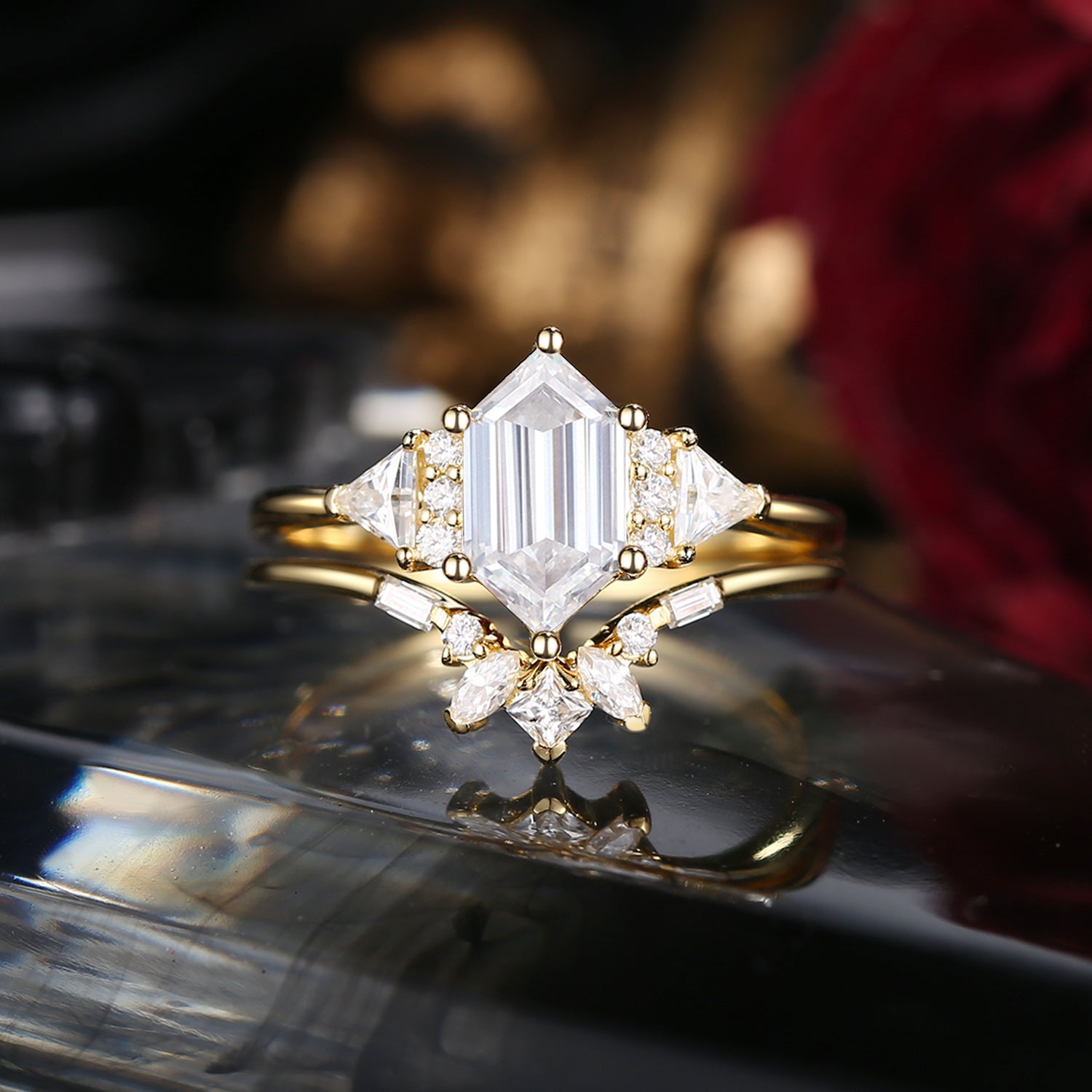 Classic Cluster Long Hexagon Cut Moissanite Engagement Ring Set 2pcs