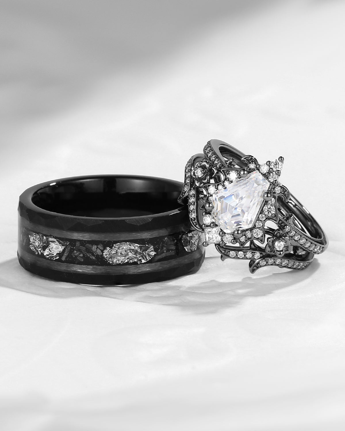 Halo Coffin Shaped Moissanite Black Gold Flower Couple Bridal Ring Set With Gold Leaf