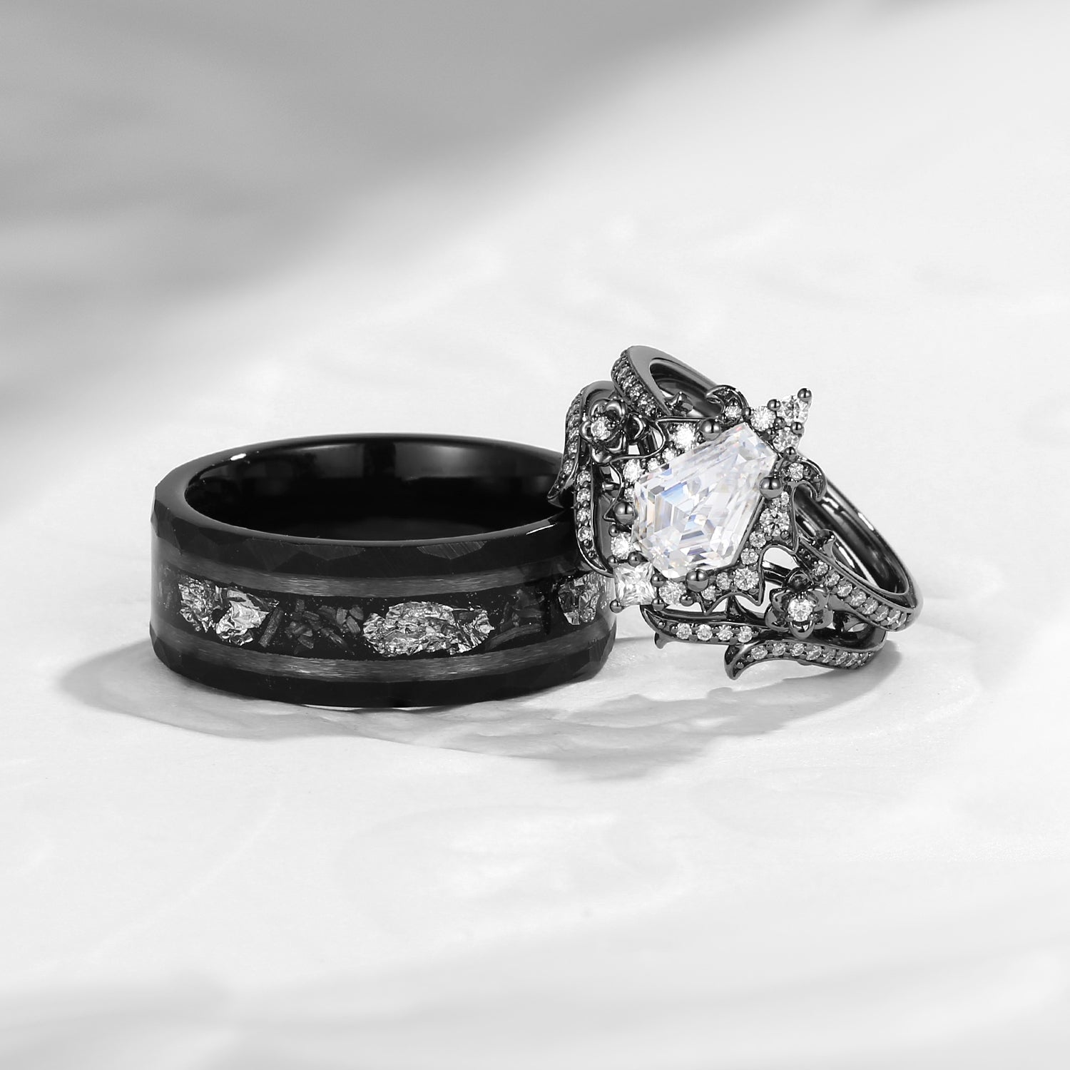 Halo Coffin Shaped Moissanite Black Gold Flower Couple Bridal Ring Set With Gold Leaf