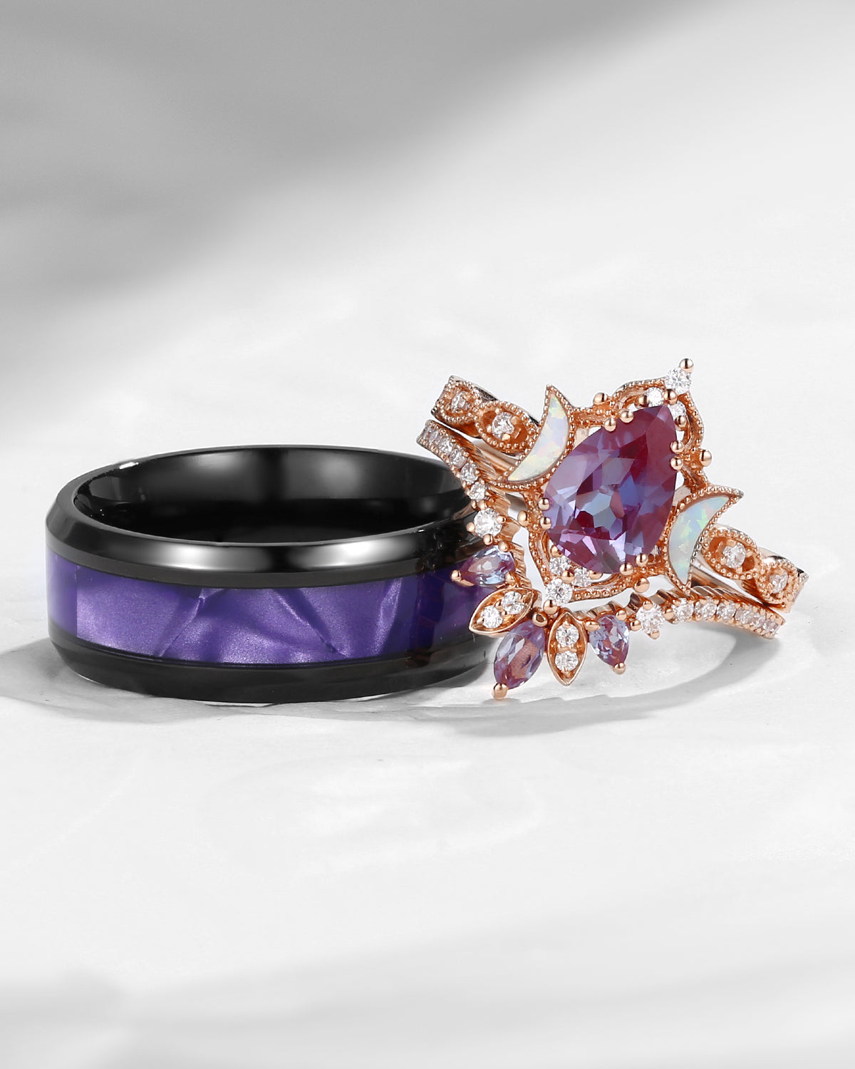 Crescent Moon | Pear Cut Lab Alexandrite 'Ultra Galaxy' Violet Electroplated Couple Bridal Ring Set