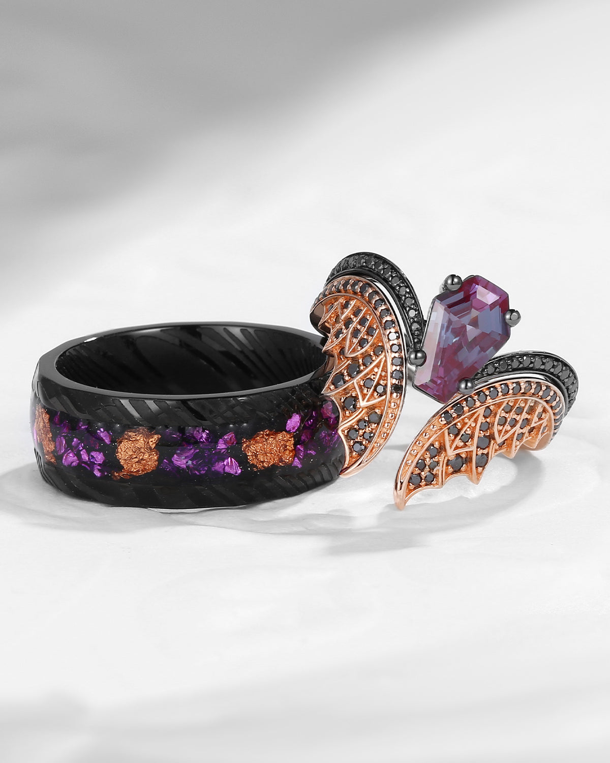 Bat Wing Inspired Coffin Lab Alexandrite With Gold Leaf Couple Bridal Ring Set