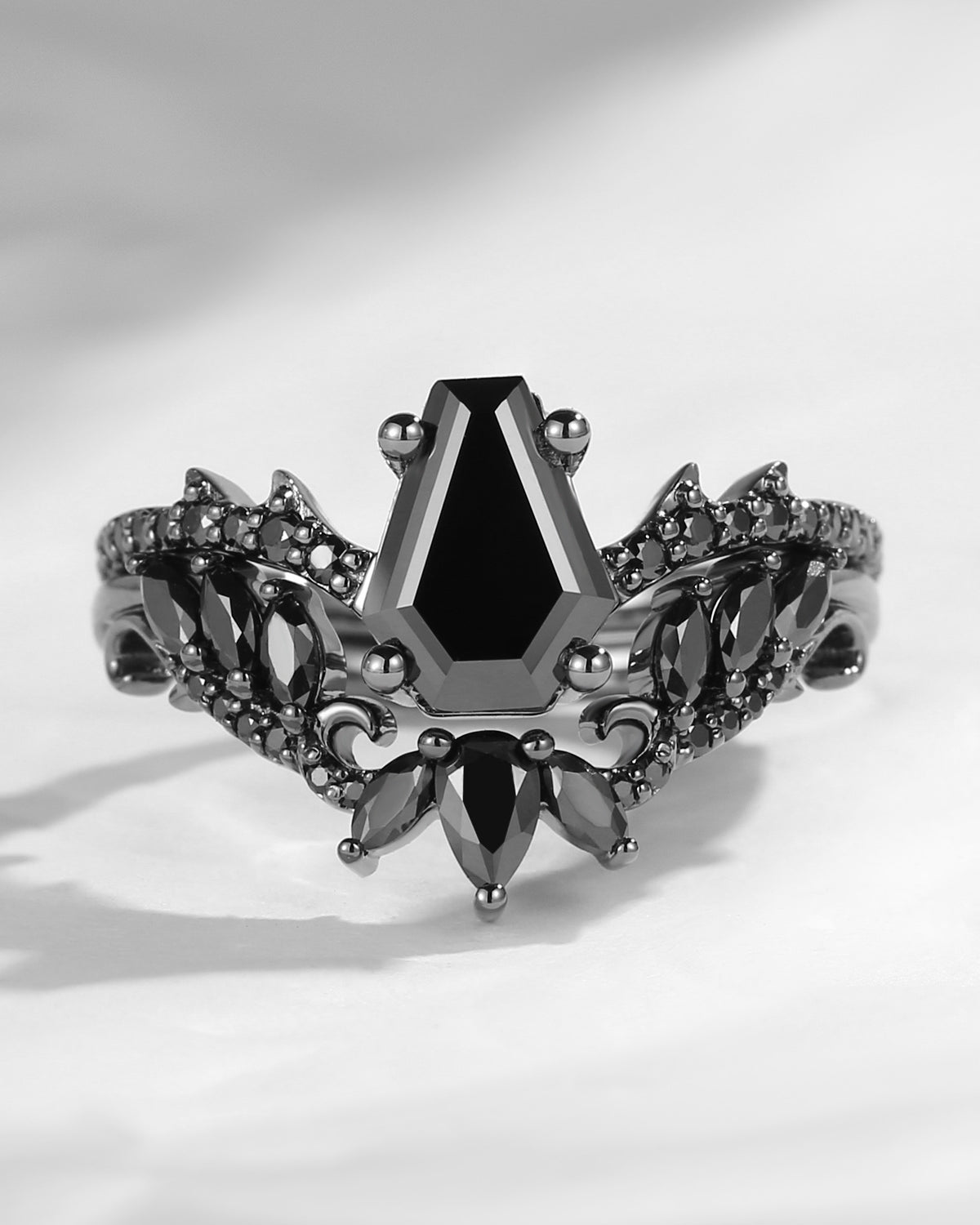 Gothic Style Coffin Black Moissanite Vine And Thorns Engagement Ring 2pcs