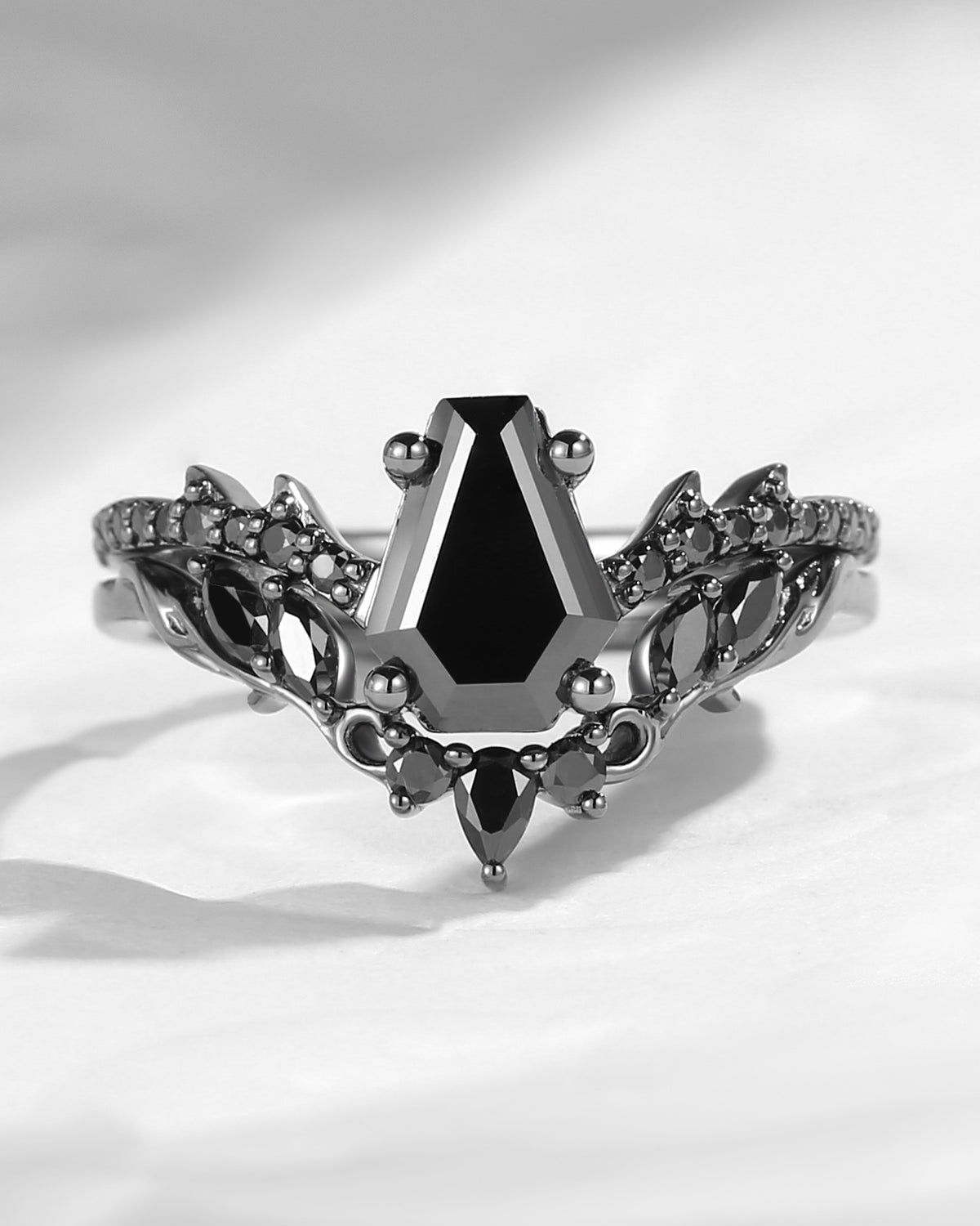Nature Inspired Black Gold Vine And Thorns Coffin Black Moissanite Engagement Ring 2pcs
