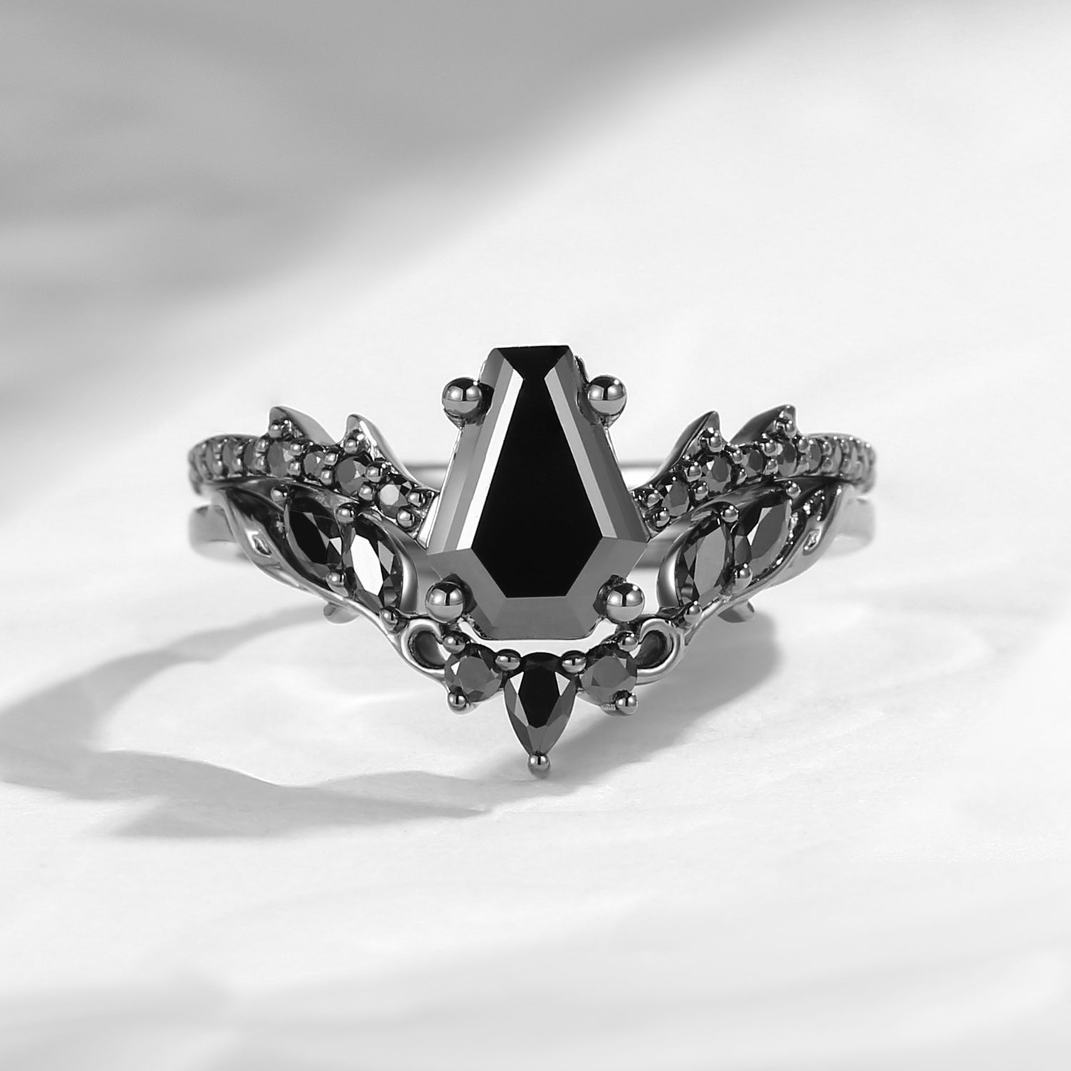 Nature Inspired Black Gold Vine And Thorns Coffin Black Moissanite Engagement Ring 2pcs
