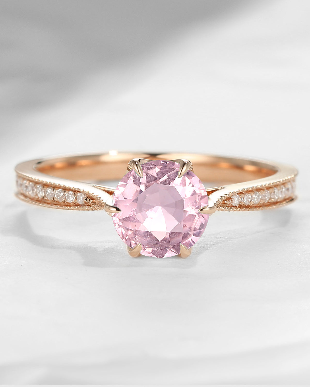 Antique Round Cut Natural Pink Tourmaline Milgrain Engagement Ring