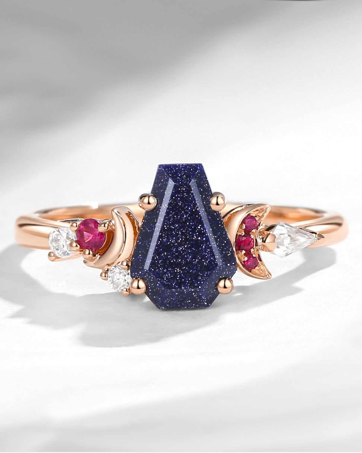 Crescent Moon | Art Deco Coffin Blue Sandstone Cluster Engagement Ring