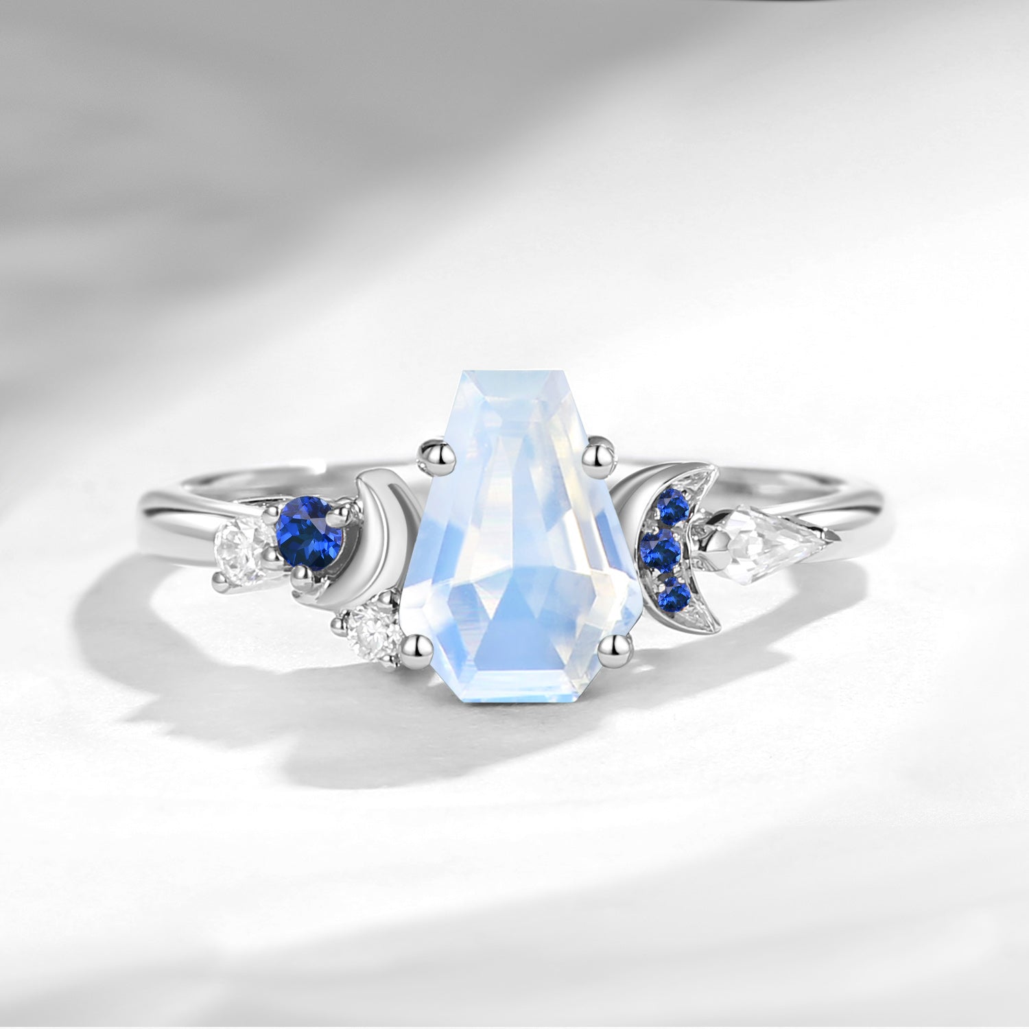'Blossom Moon' - Art Deco Coffin Natural Moonstone Crescent Moon Engagement Ring with Natural Sapphire Accents