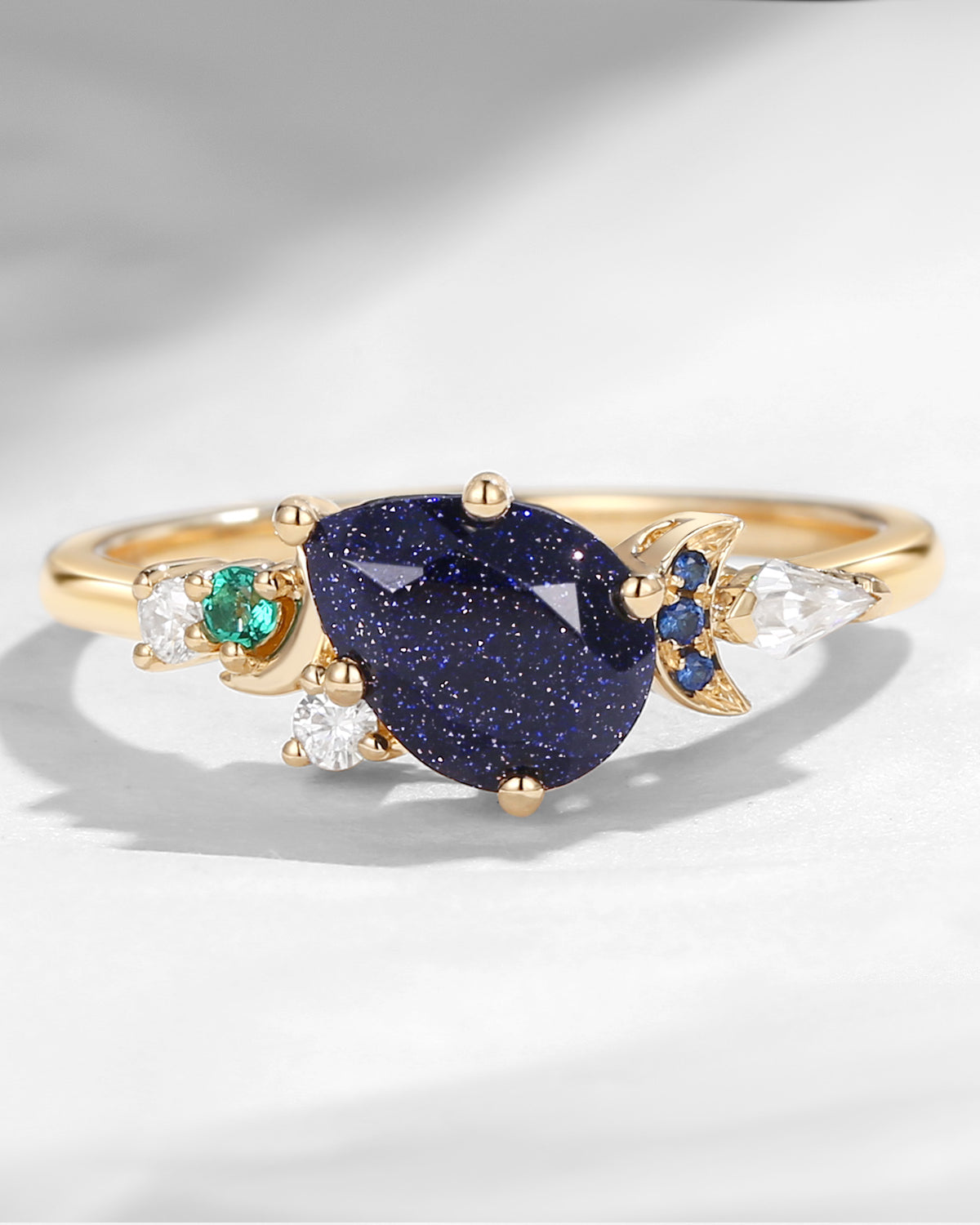 Crescent Moon | Art Deco Pear Shaped Blue Sandstone Cluster Engagement Ring