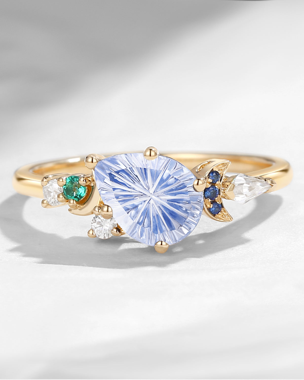 Crescent Moon - Art Deco Fantasy Carved Pear Lab Cornflower Sapphire Cluster Engagement Ring