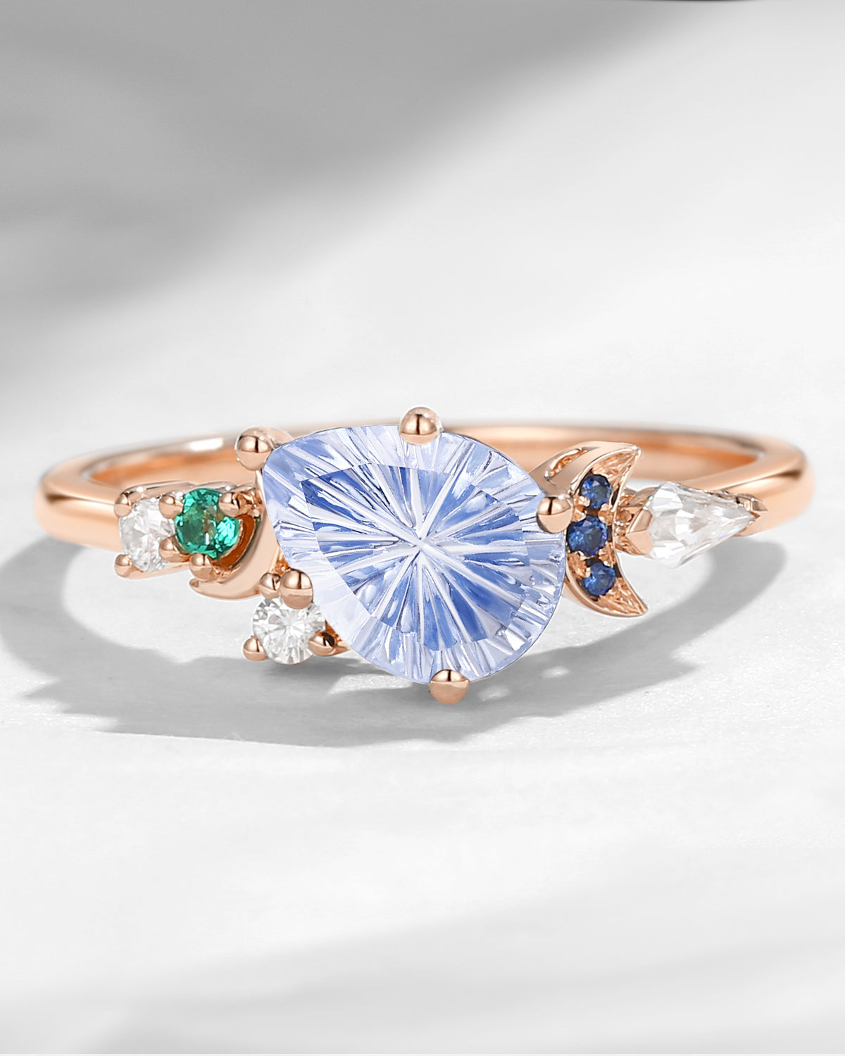 Crescent Moon - Art Deco Fantasy Carved Pear Lab Cornflower Sapphire Cluster Engagement Ring