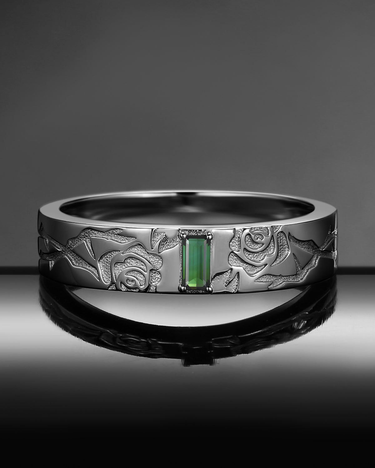 Vintage Inspired Rectangular Natural Green Tourmaline 'Thorns & Roses' Filigree Men's Band - Everlasting Love