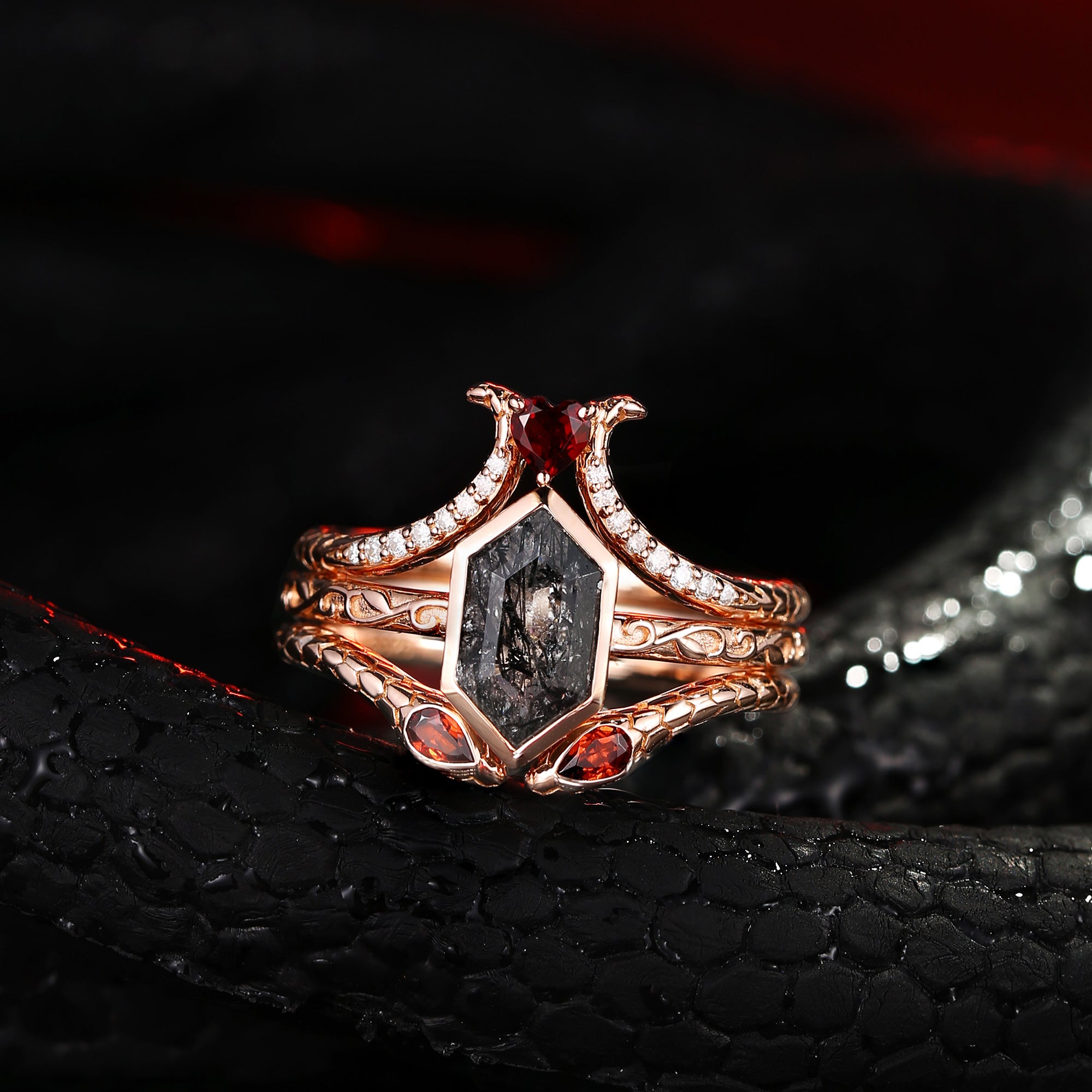 'Serpent's Allure' - Hexagon Cut Black Rutilated Quartz Vintage Bezel Engagement Ring Set 3pcs