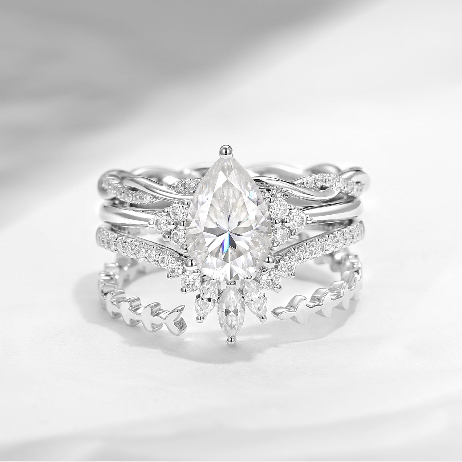 1.5ct Pear Cut 'Stacking Cluster Extravaganza' Ring Set 4pcs