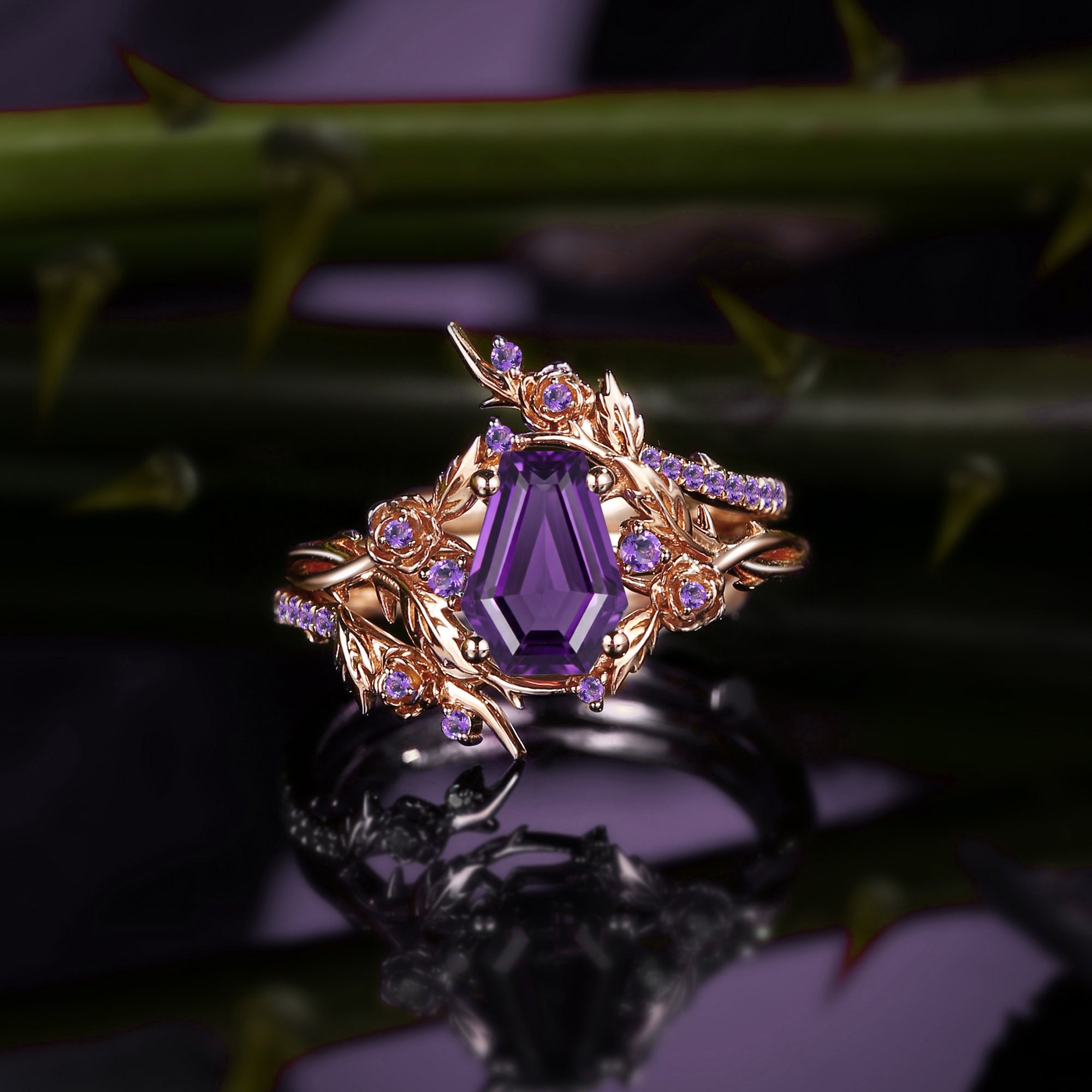 Thorns & Roses - Nature Inspired Coffin Cut Amethyst Twisted Engagement Ring Set with Flower & Vine Inspired Cage Ring Jacket