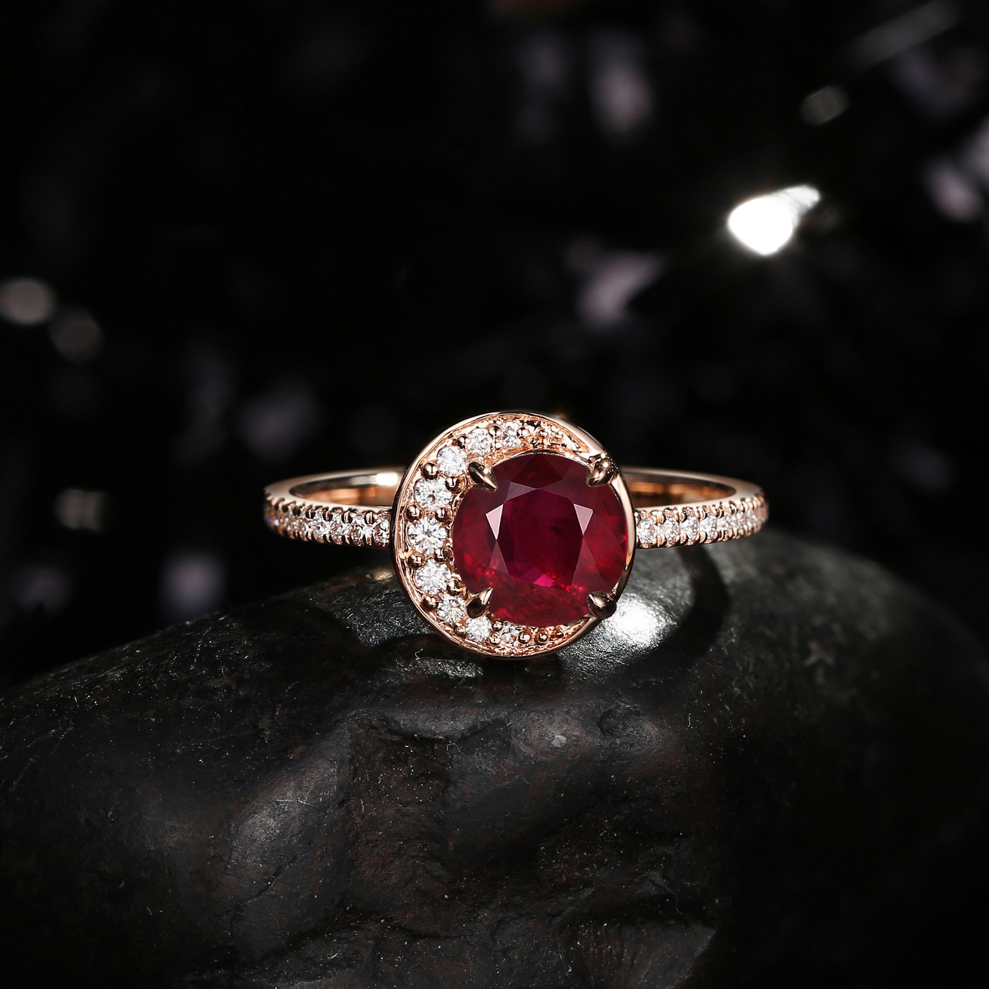 Crescent Moon | Unique Round Cut Natural Ruby ‘Full Moon’ Engagement Ring