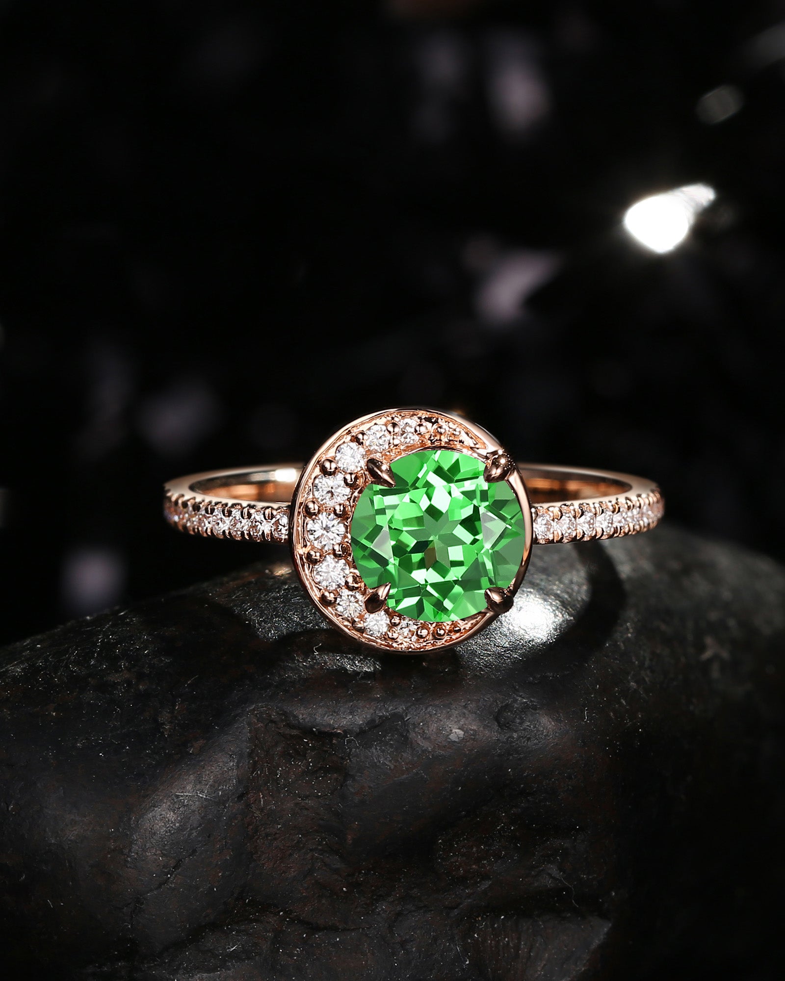 Crescent Moon | Unique Round Cut Lab Tsavorite ‘Full Moon’ Engagement Ring