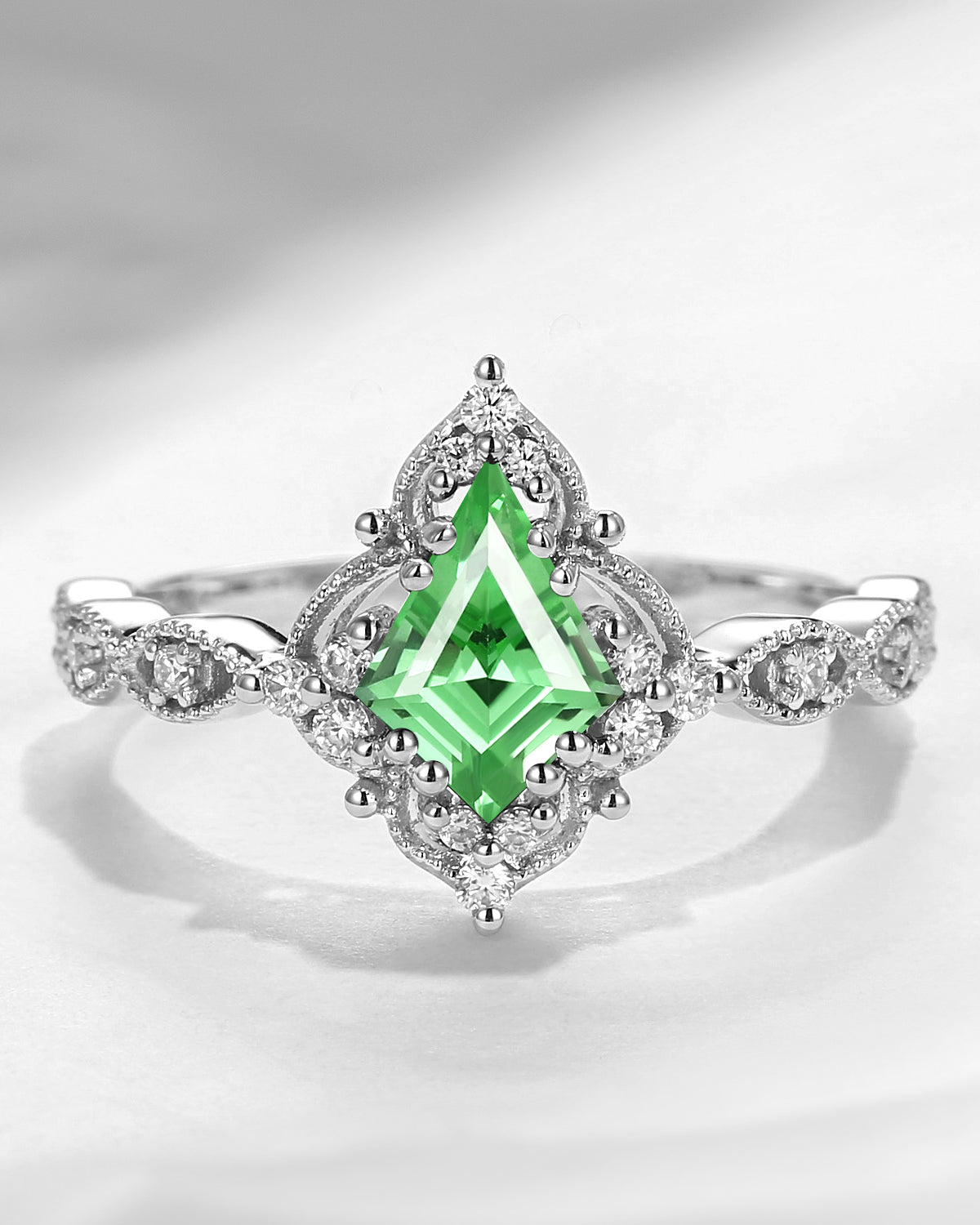 Vintage Inspired Milgrain Kite Cut Lab Tsavorite Antique Engagement Ring