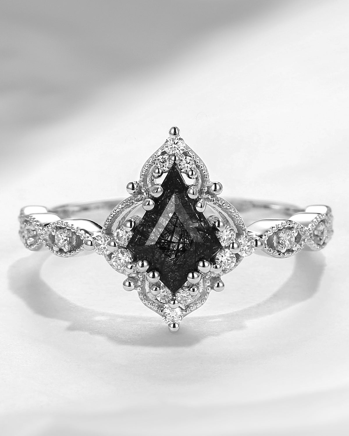 Vintage Inspired Milgrain Kite Cut Black Rutilated Quartz Engagement Ring