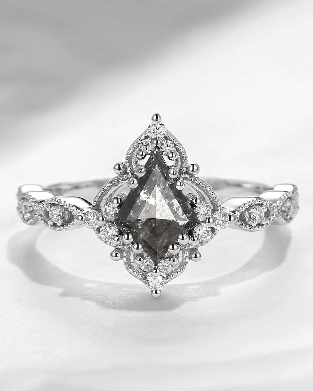 Vintage Inspired Milgrain Kite Cut Salt And Pepper Diamond Engagement Ring
