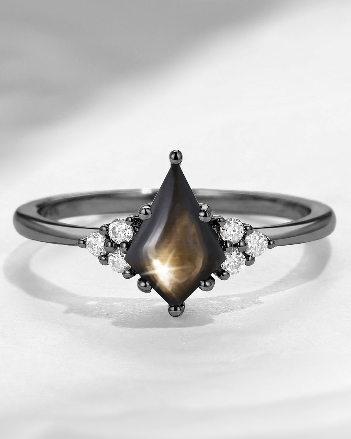 Art Deco Kite Cut Natural Black Star Sapphire Cluster Engagement Ring