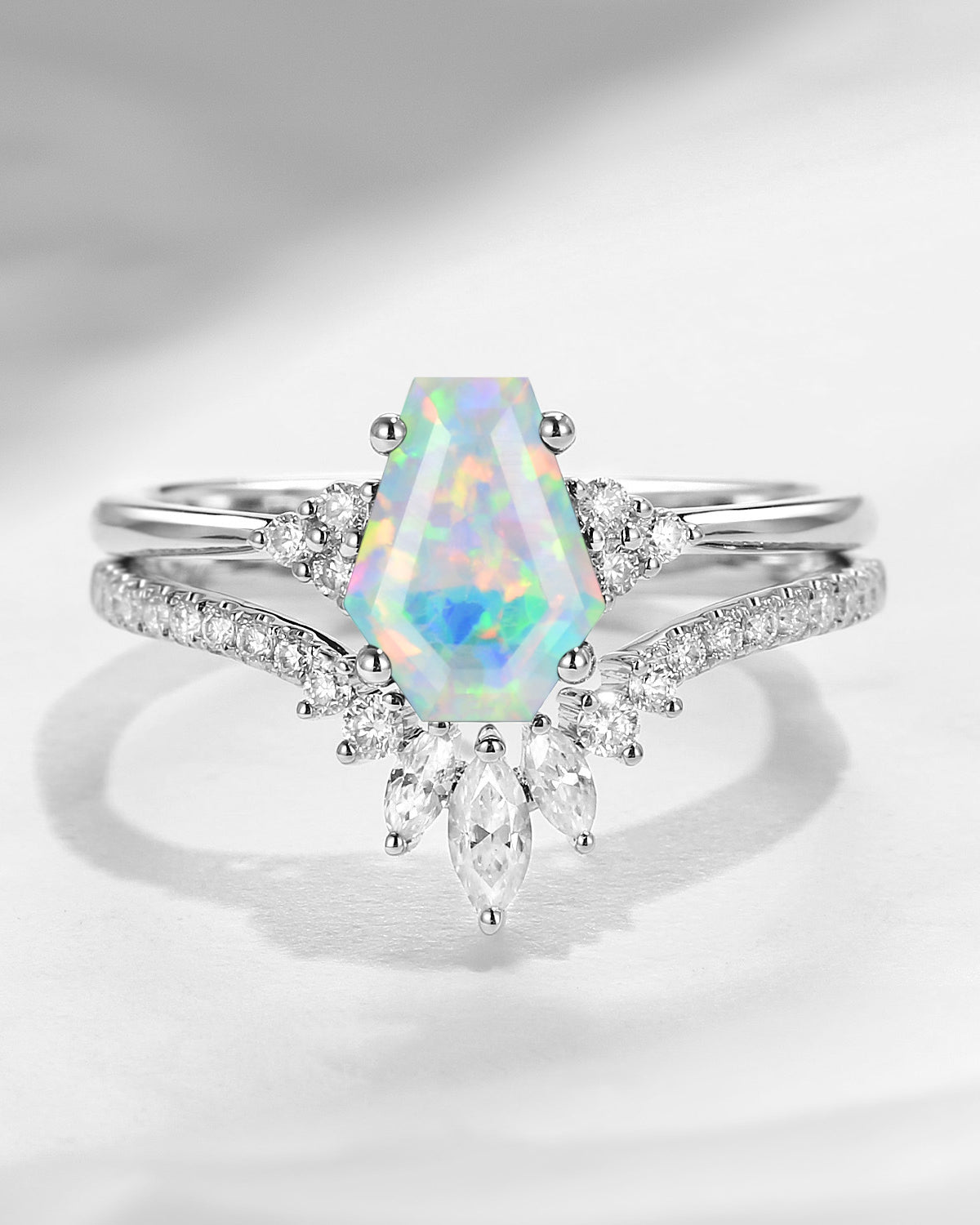 Classic Coffin Cut Lab Opal Engagement Set 2pcs - White Dress
