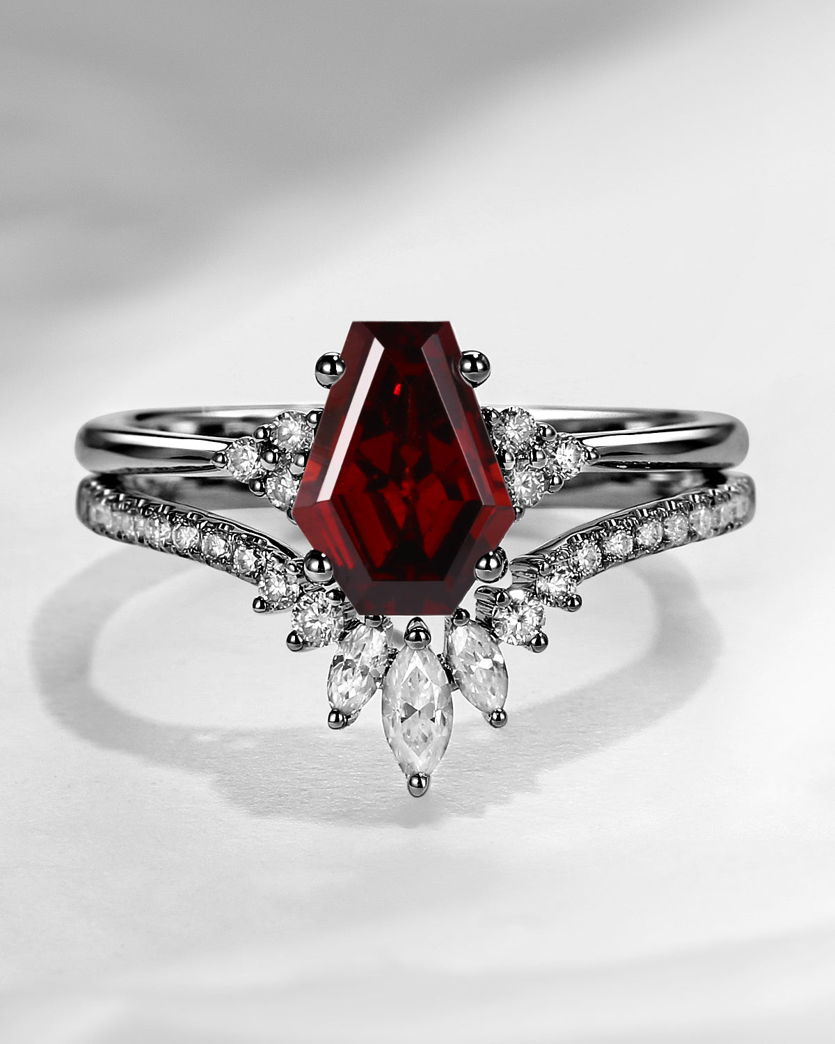 Classic Coffin Cut Garnet Engagement Set 2pcs - White Dress