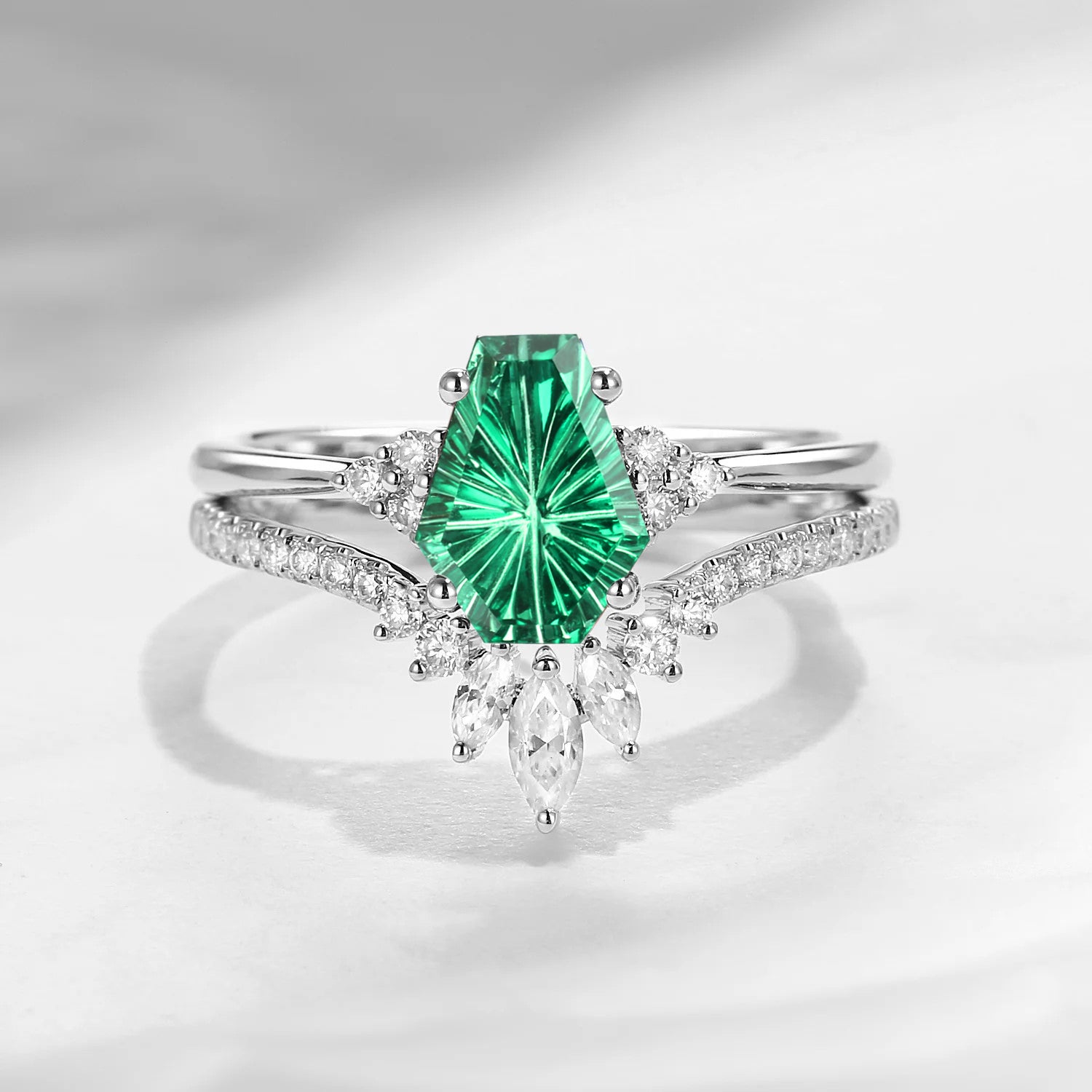 Firework Cut Coffin Lab Emerald Engagement Set 2pcs - White Dress