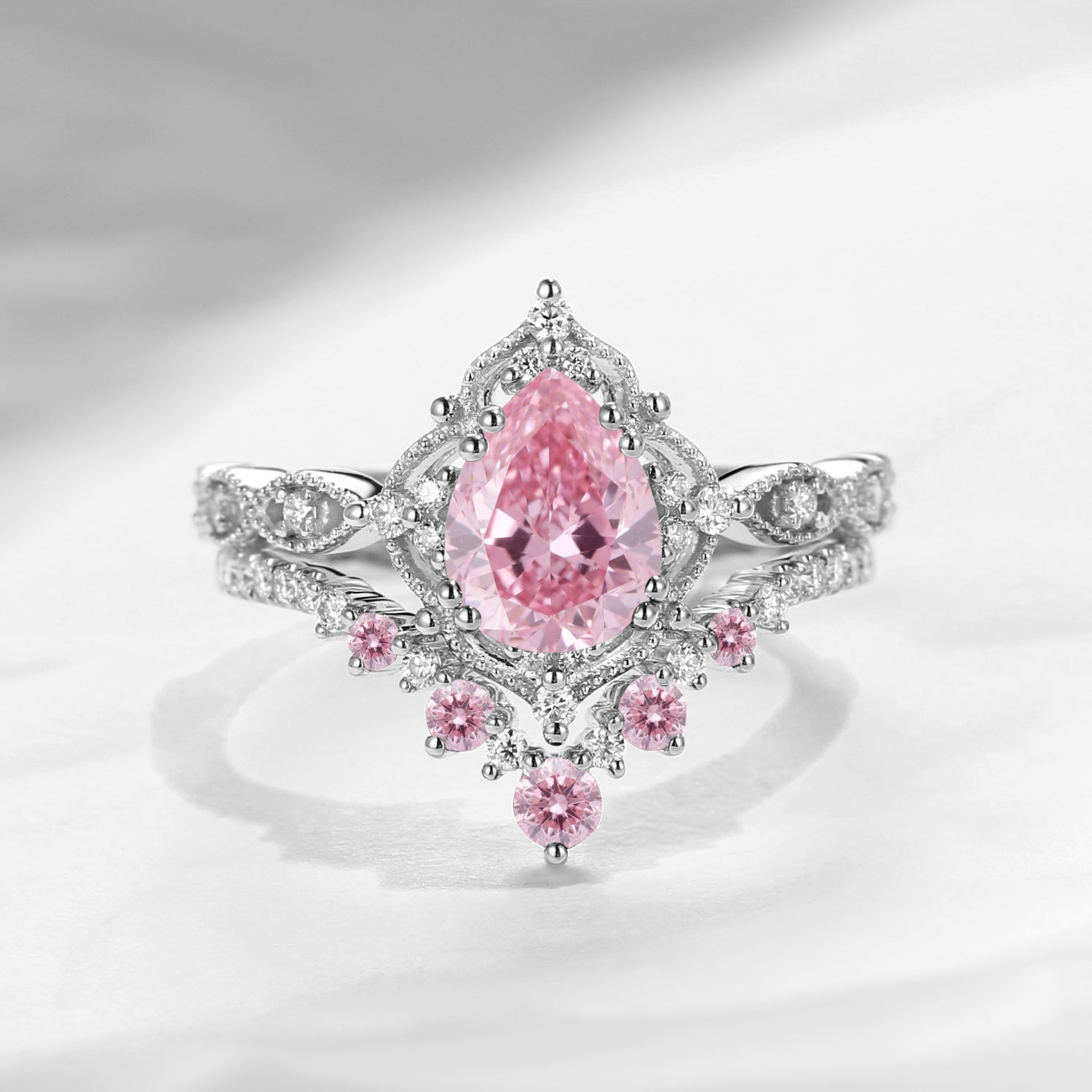 'Elara' - Antique IGI Certified Pear Cut Lab Pink Diamond Engagement Ring Set