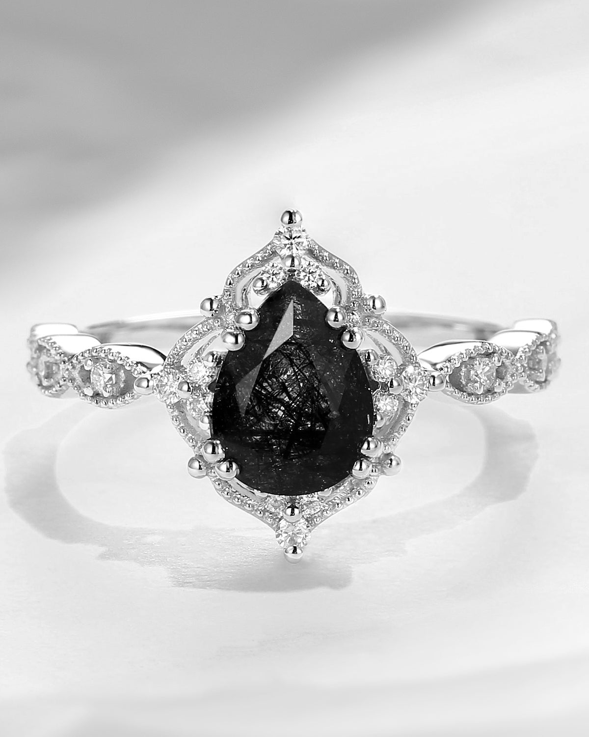 Vintage Pear Cut Black Rutilated Quartz Engagement Ring