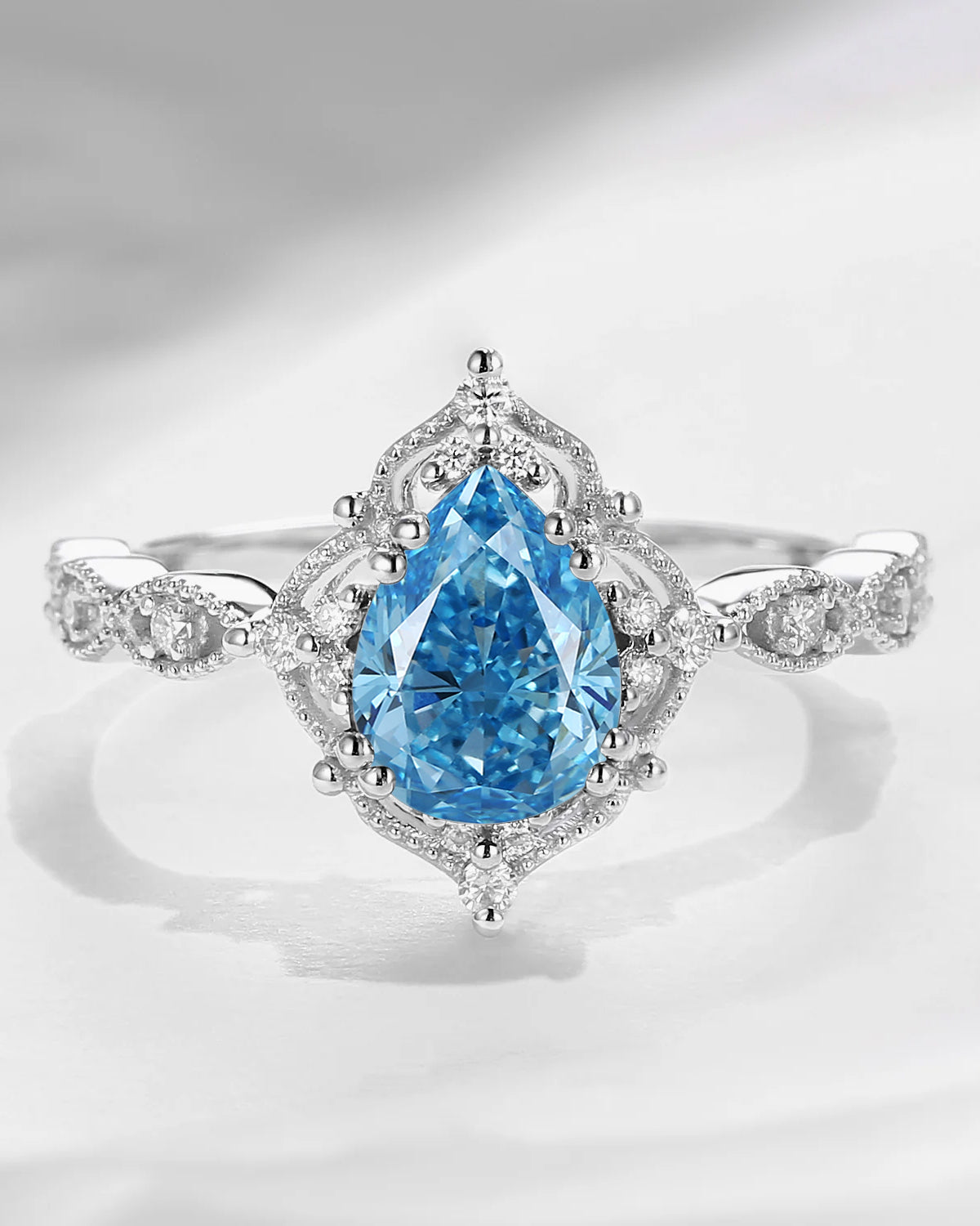 Vintage Pear Shaped Blue Lab Diamond Engagement Ring