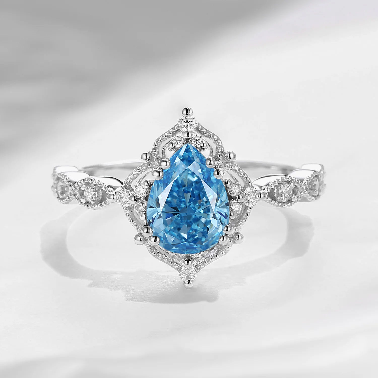 Vintage Pear Shaped Blue Lab Diamond Engagement Ring