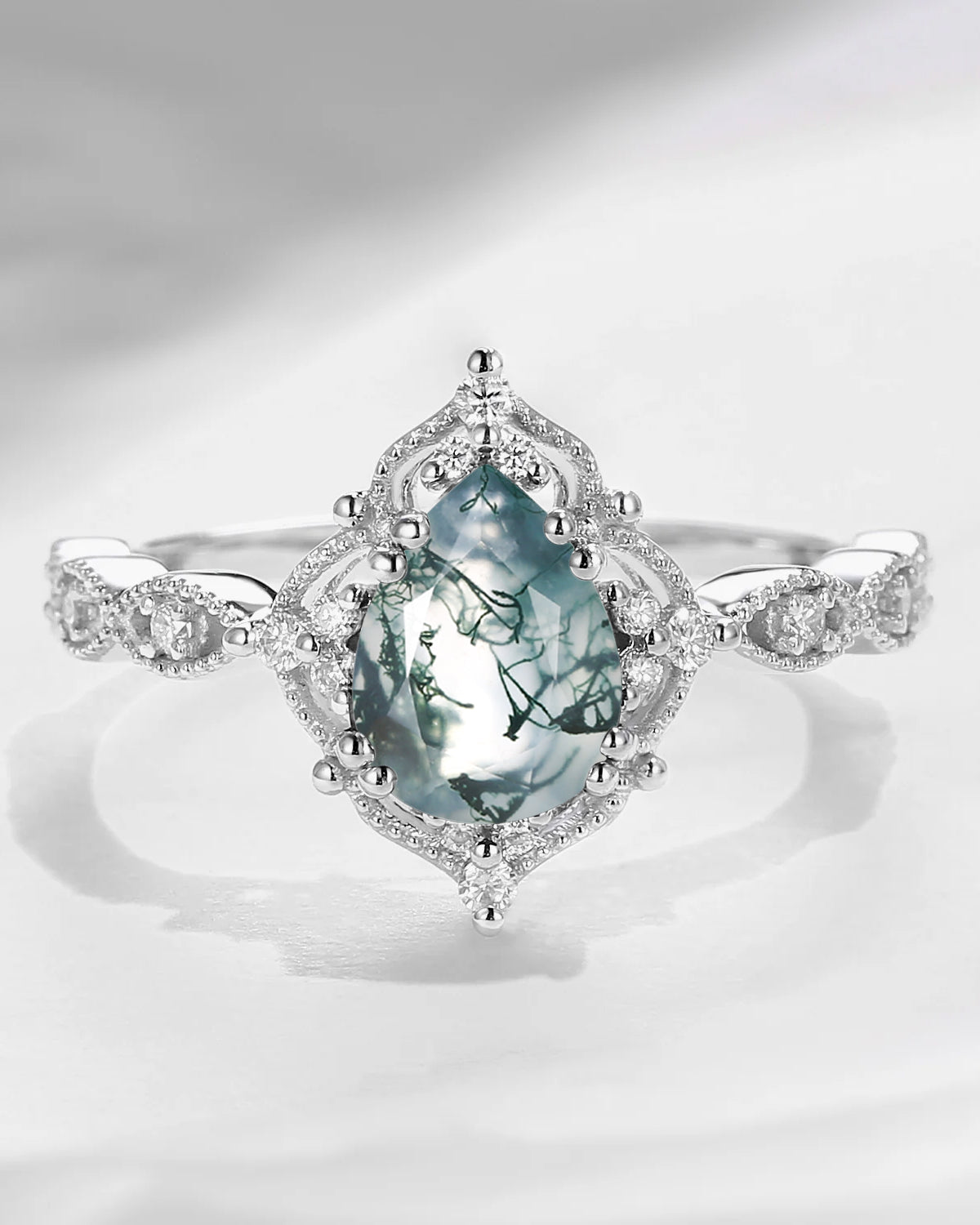 Vintage Pear Shaped Moss Agate Engagement Ring