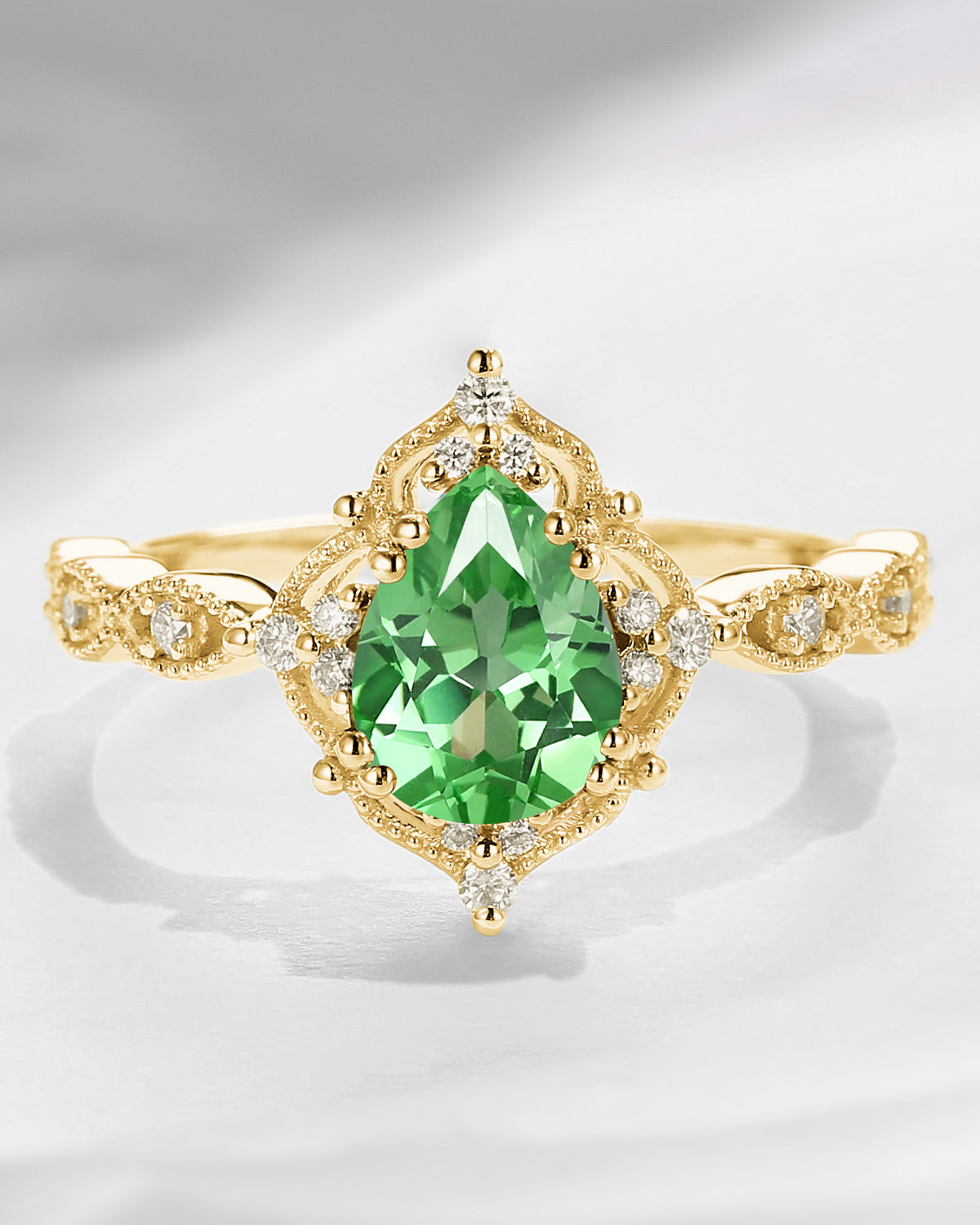 Vintage Pear Cut Lab Tsavorite Classic Milgrain Engagement Ring