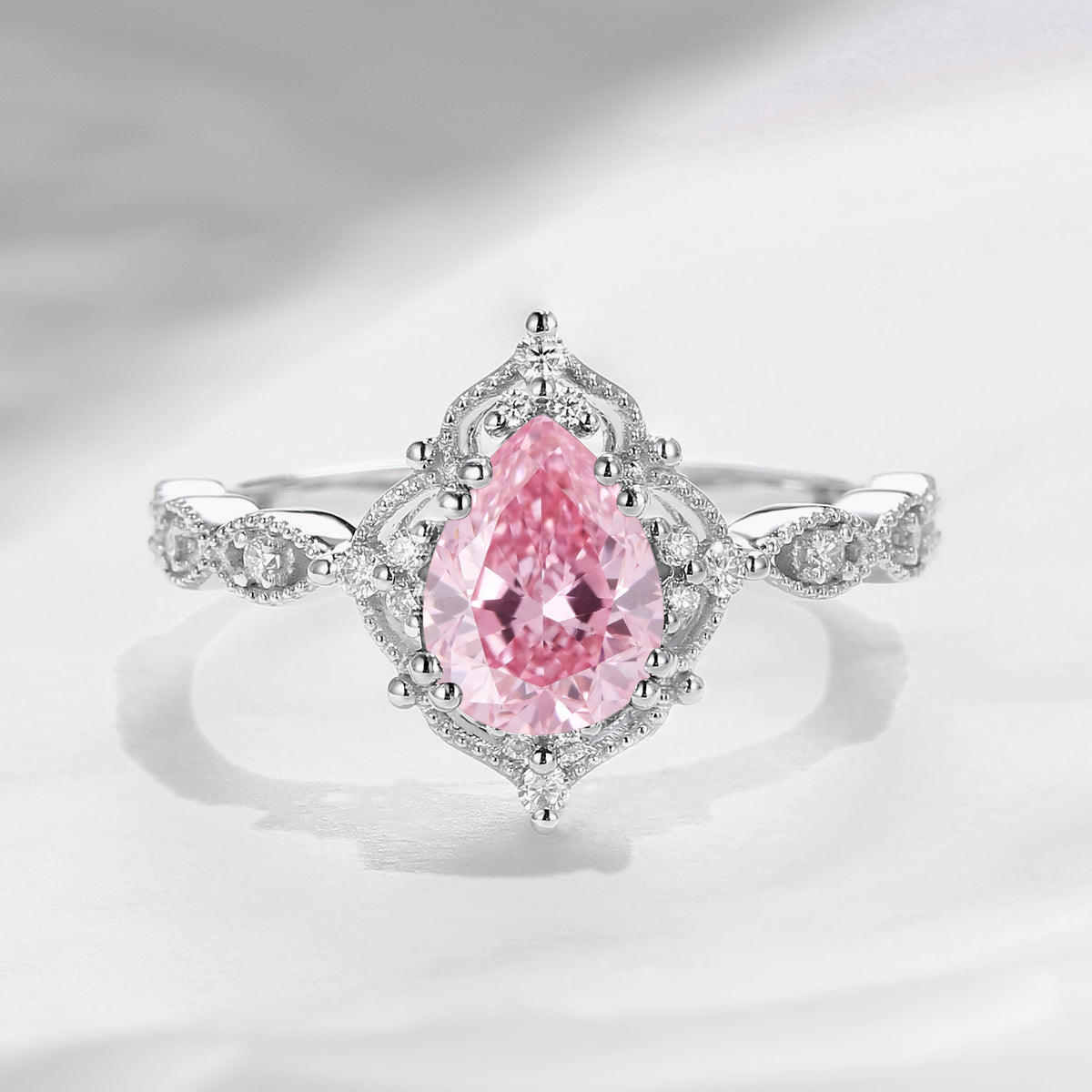 'The Pink Reverie' - IGI Certified Vintage Pear Cut Lab Pink Diamond Engagement Ring