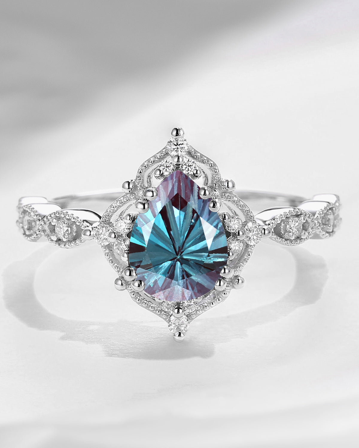 Vintage Inspired Firework Cut Pear Lab Alexandrite Engagement Ring