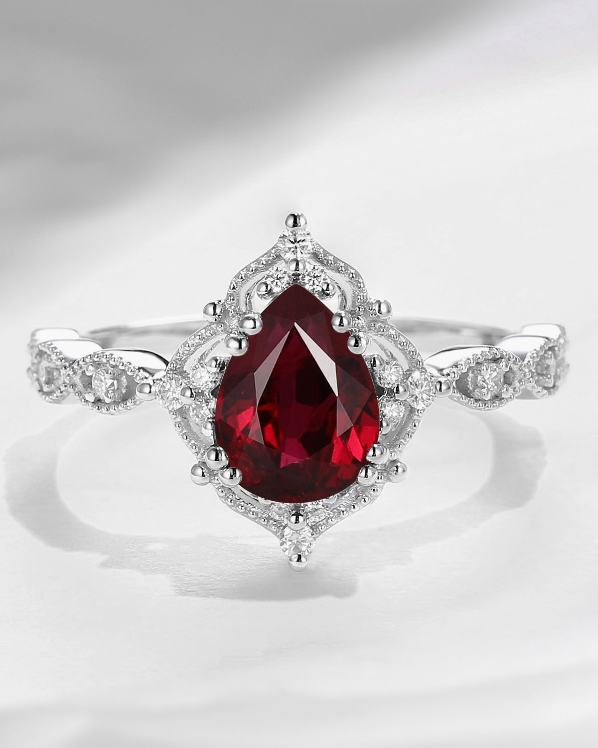 Vintage Inspired Pear Cut Natural Ruby Engagement Ring