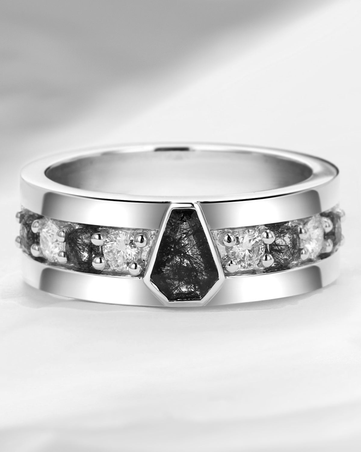 Unique Coffin Cut Black Rutilated Quartz Wedding Band For Men - King's Scepter