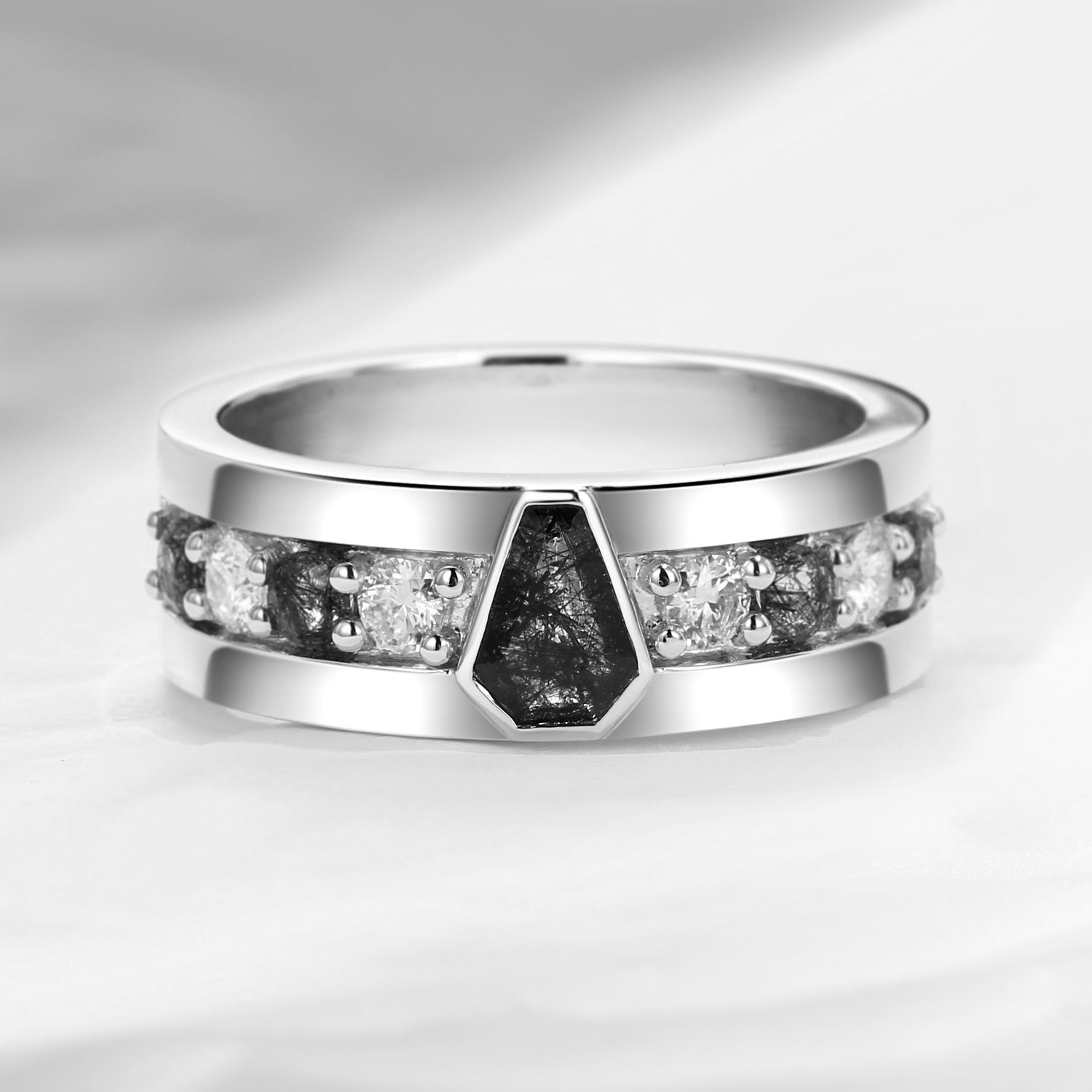 Unique Coffin Cut Black Rutilated Quartz Wedding Band For Men - King's Scepter