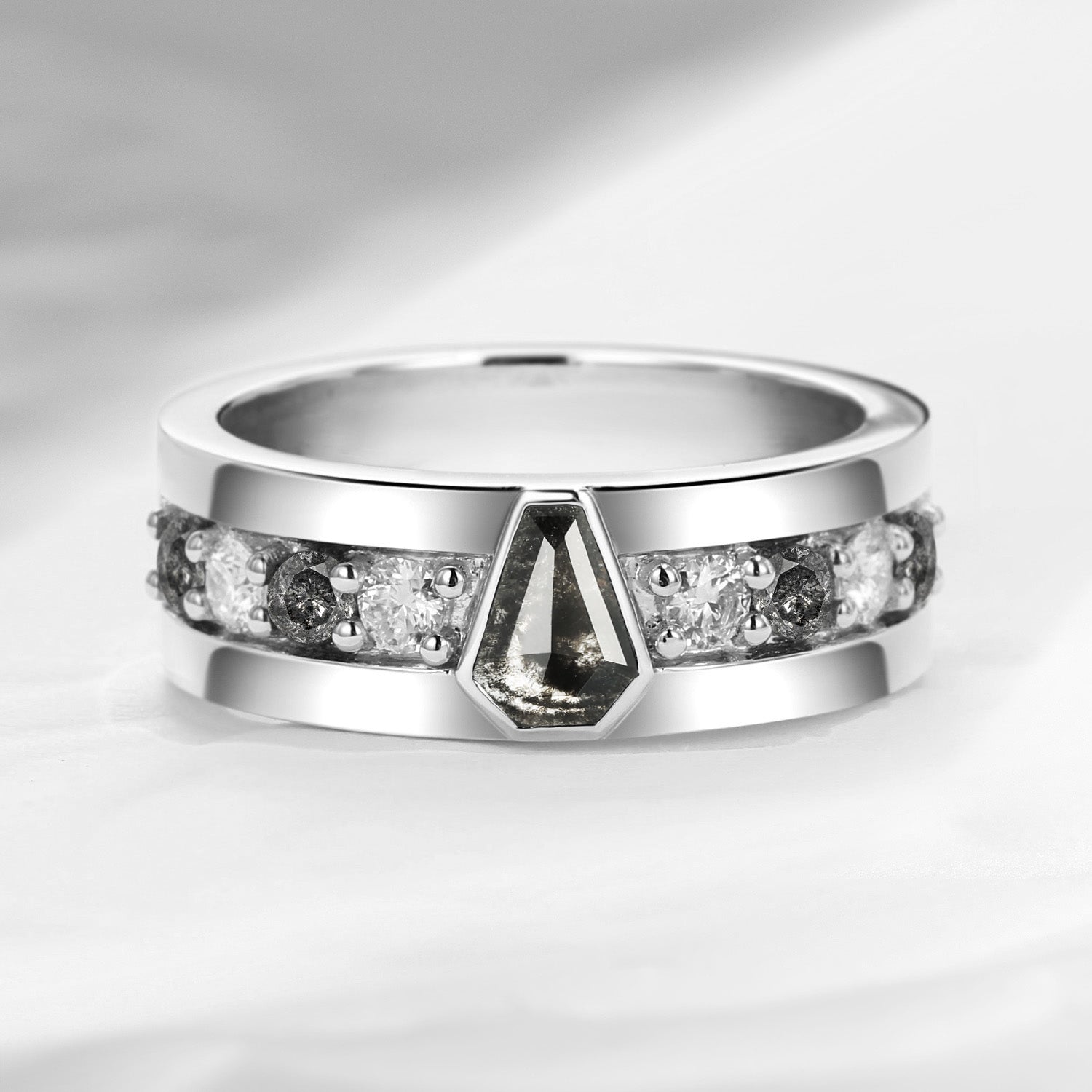 Unique Coffin Cut Salt & Pepper Diamond Wedding Band For Men - King's Scepter