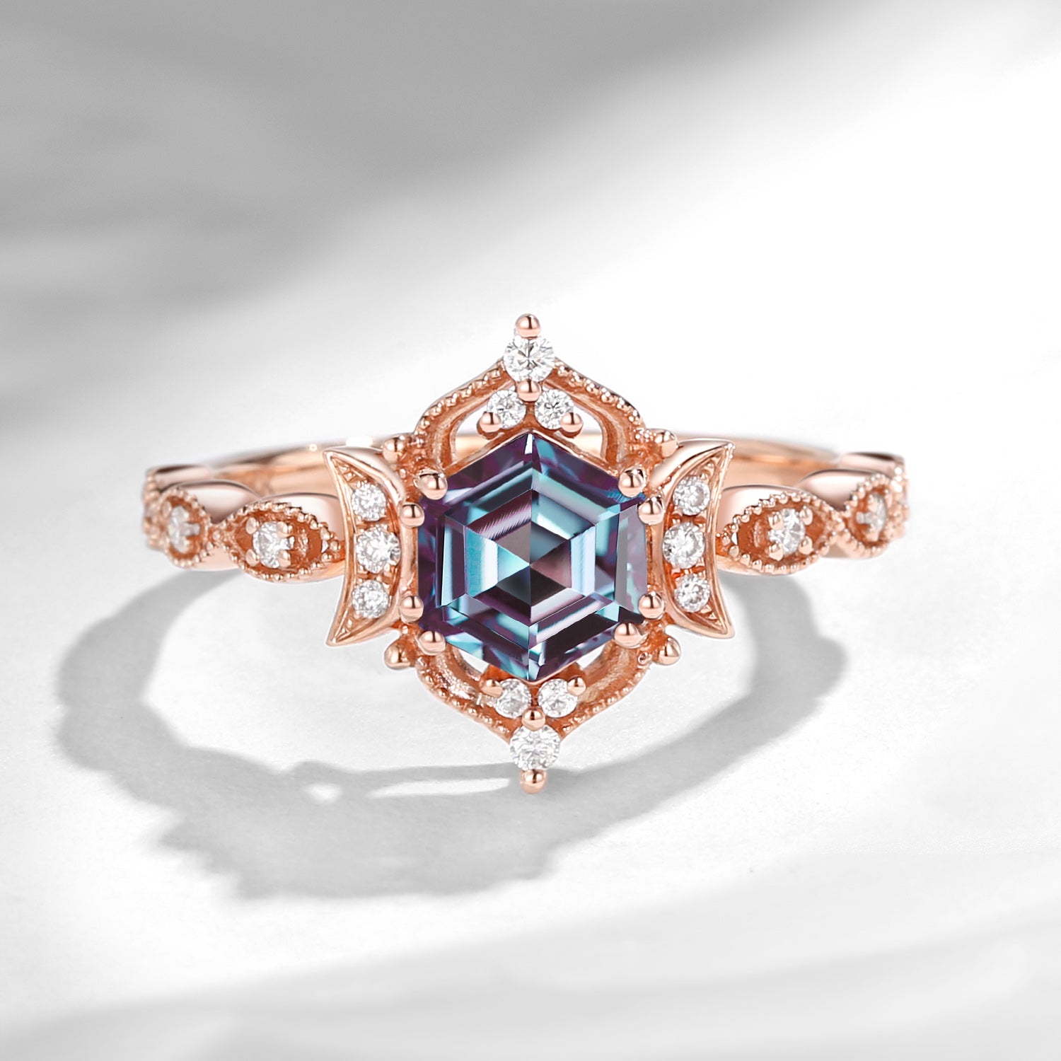 Crescent Moon | Vintage Inspired Hexagon Lab Alexandrite Engagement Ring