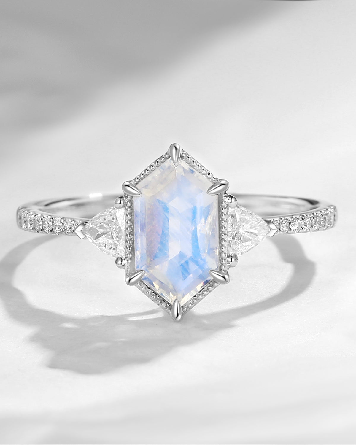 Classic Long Hexagon Moonstone Engagement Ring