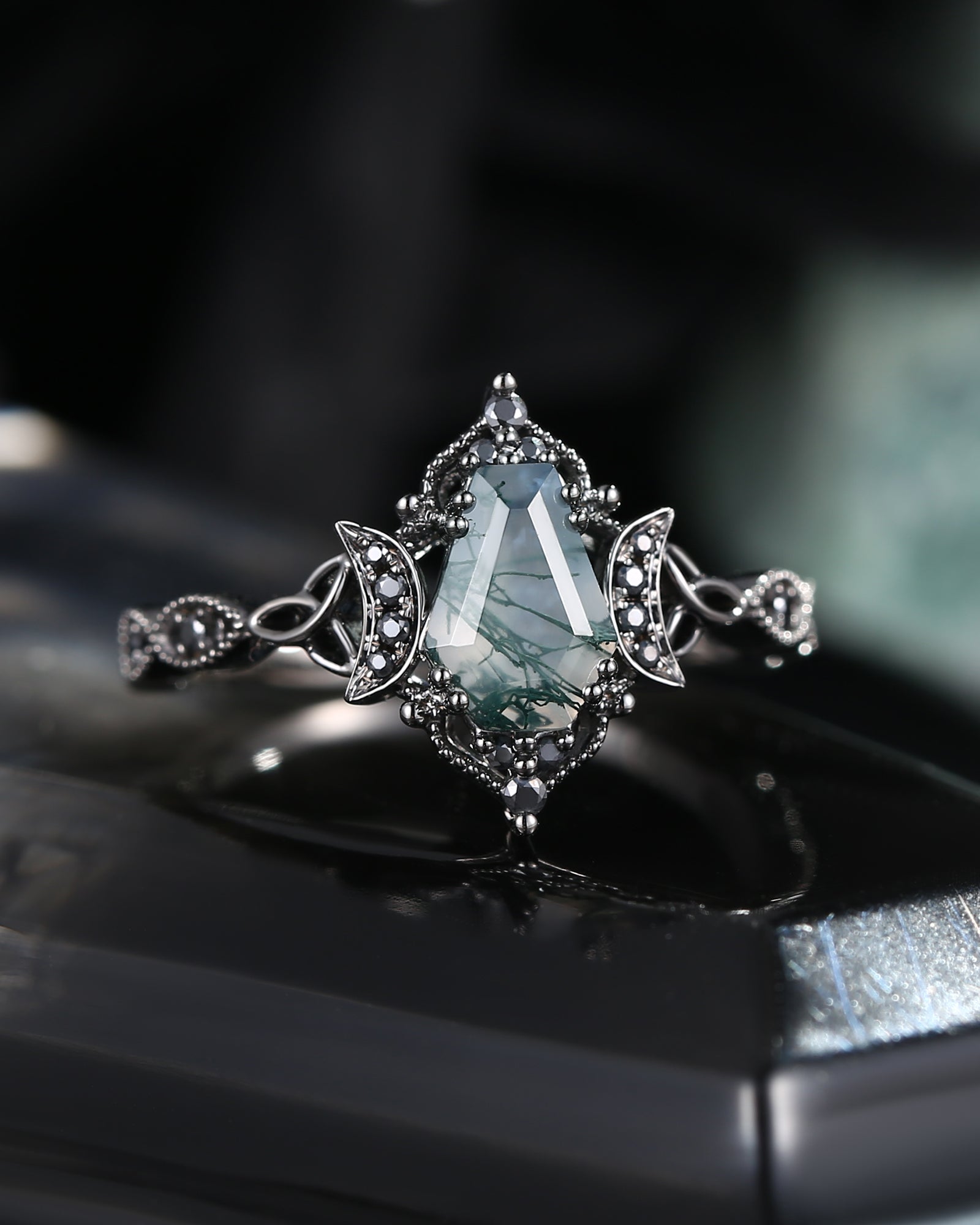 Crescent Moon | Unique Coffin Moss Agate & Black Moissanite Infinity Celtic Black Gold Engagement Ring