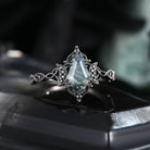 Crescent Moon | Unique Coffin Moss Agate & Black Moissanite Infinity Celtic Black Gold Engagement Ring