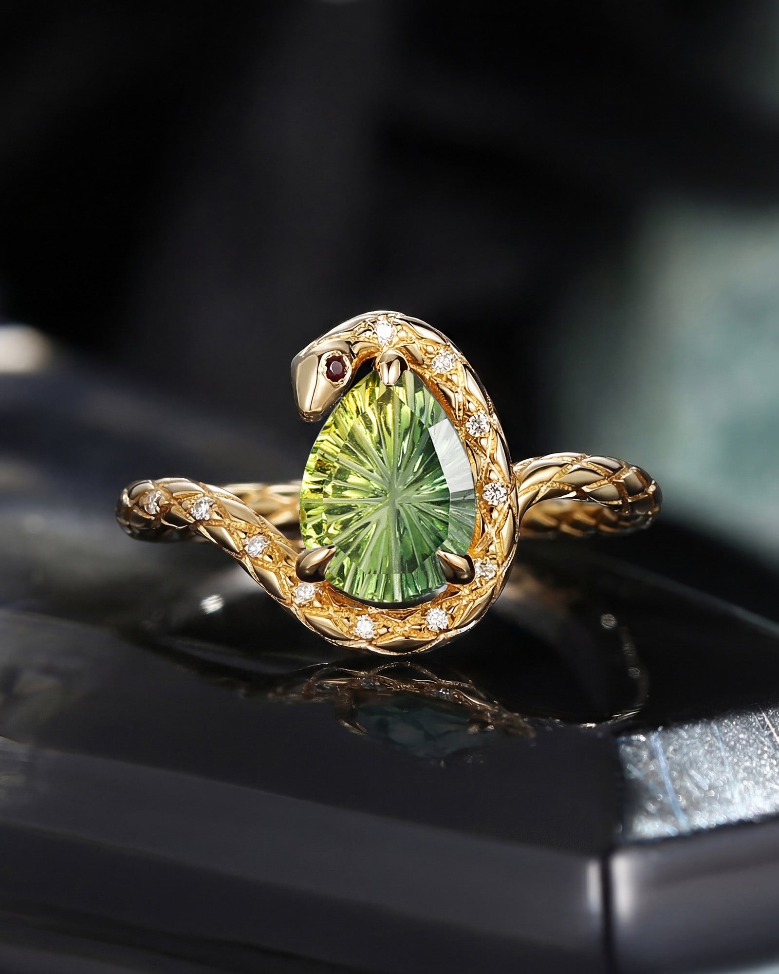 Serpent's Embrace - Gothic Fantasy Carved Pear Natural Multi-Colored Sapphire Snake Twist Alternative Bride Engagement Ring