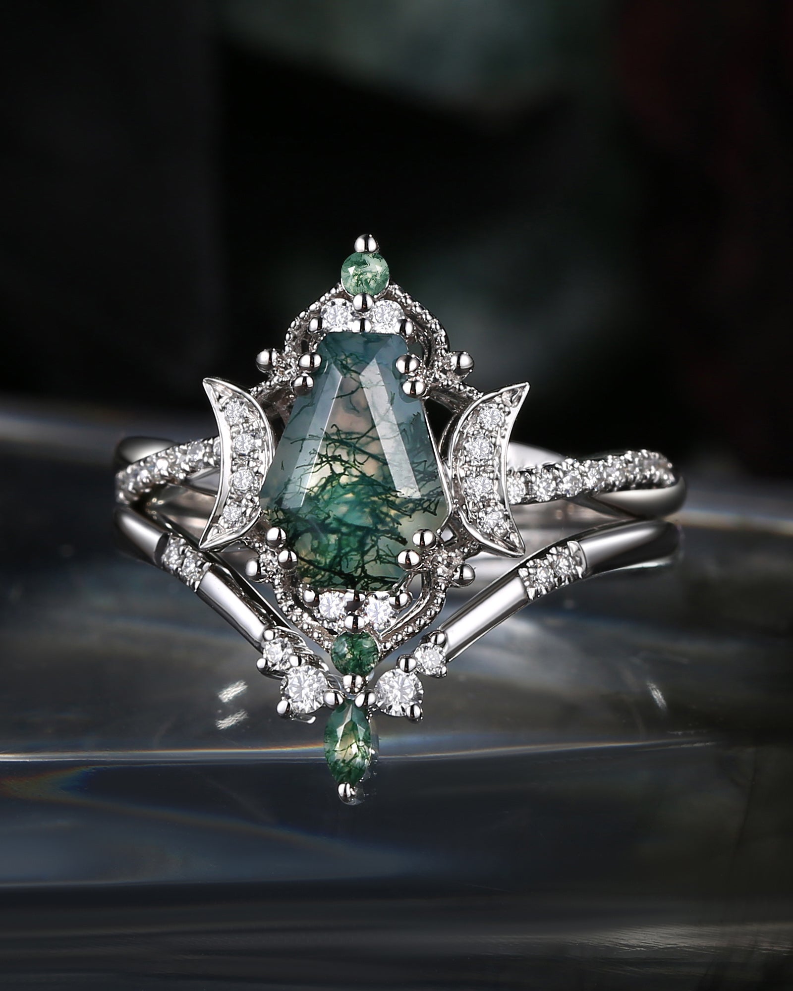 Crescent Moon | Infinity Coffin Moss Agate Twisted Engagement Ring Set 2pcs - Alexandria