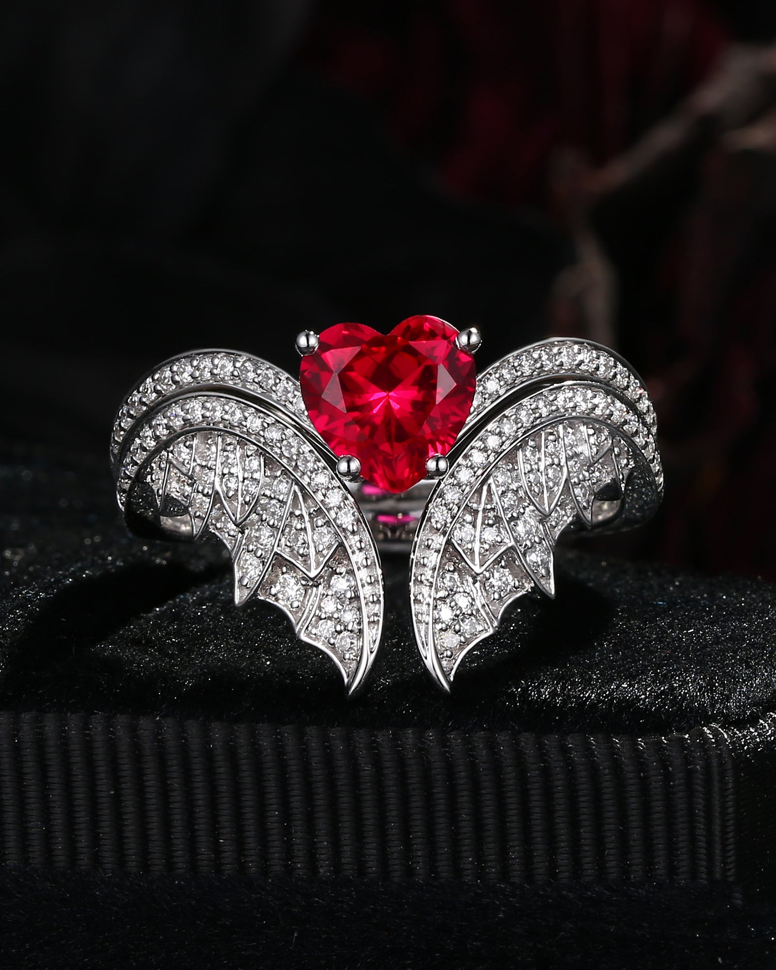 Heart Shaped Lab Ruby Vintage Bridal Set 2pcs - Bat Ring